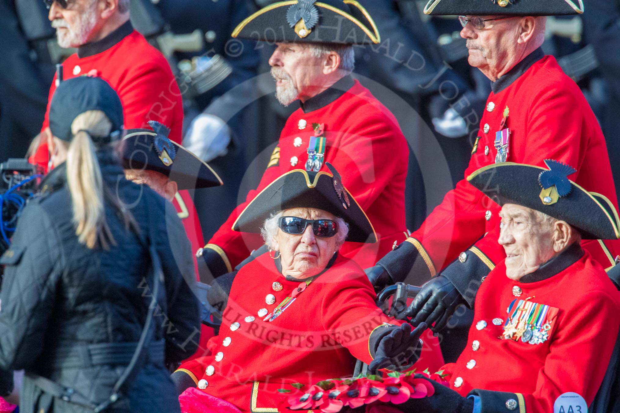 The Royal Hospital Chelsea (Group AA3, 30 members) during the Royal British Legion March Past on Remembrance Sunday at the Cenotaph, Whitehall, Westminster, London, 11 November 2018, 11:48.