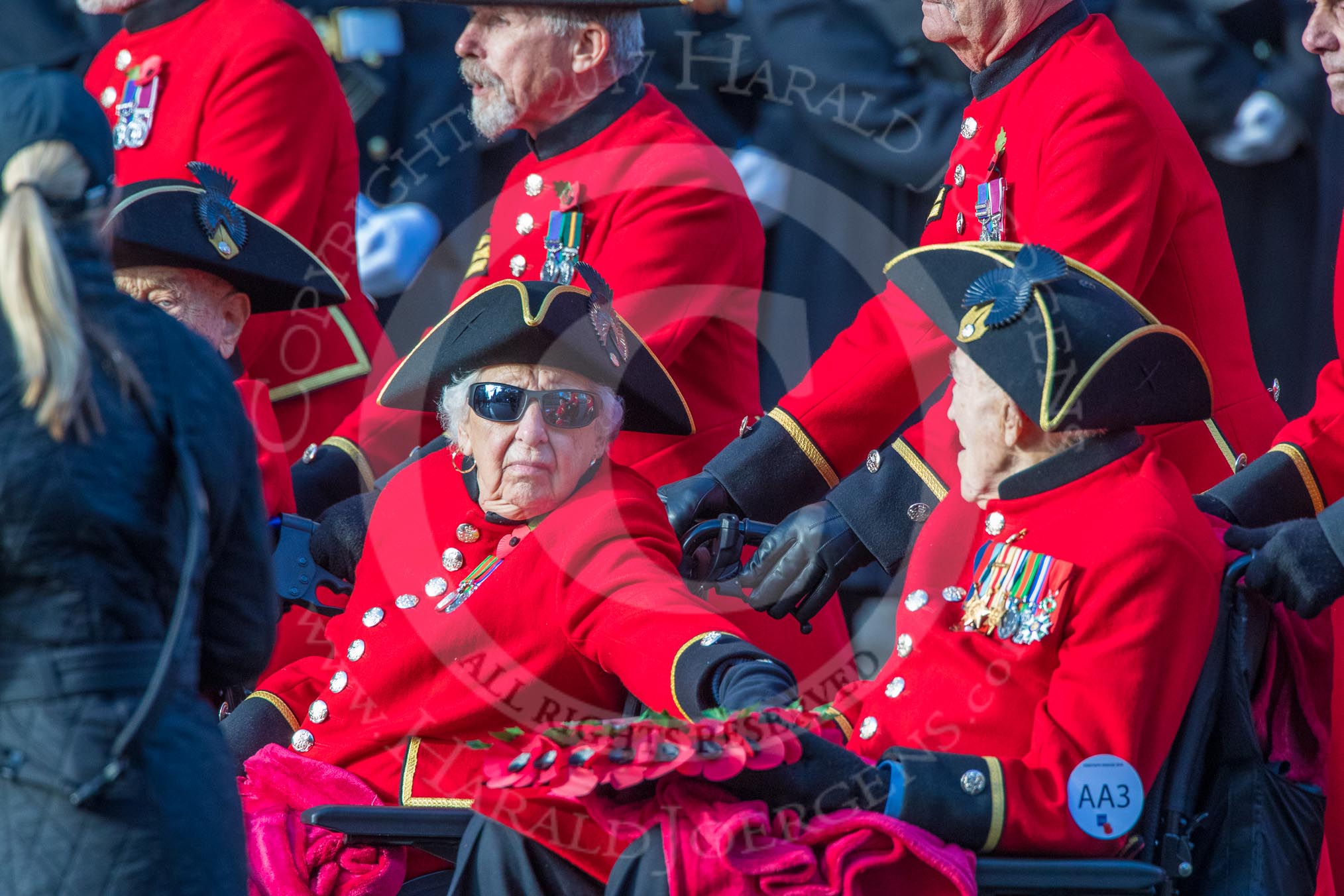 The Royal Hospital Chelsea (Group AA3, 30 members) during the Royal British Legion March Past on Remembrance Sunday at the Cenotaph, Whitehall, Westminster, London, 11 November 2018, 11:48.