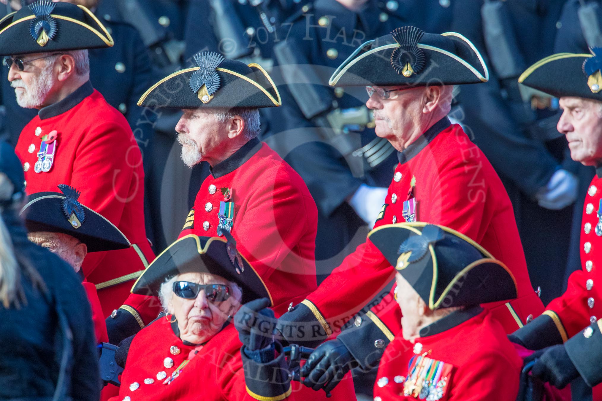 The Royal Hospital Chelsea (Group AA3, 30 members) during the Royal British Legion March Past on Remembrance Sunday at the Cenotaph, Whitehall, Westminster, London, 11 November 2018, 11:48.