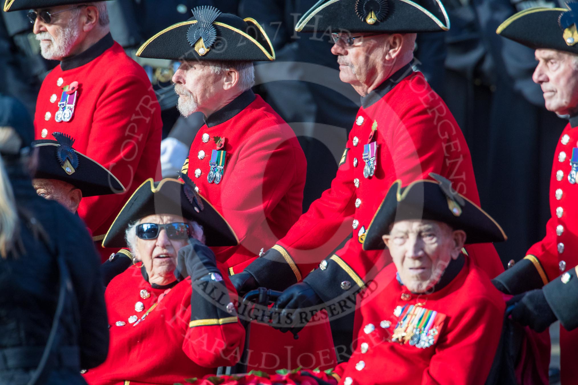 The Royal Hospital Chelsea (Group AA3, 30 members) during the Royal British Legion March Past on Remembrance Sunday at the Cenotaph, Whitehall, Westminster, London, 11 November 2018, 11:48.