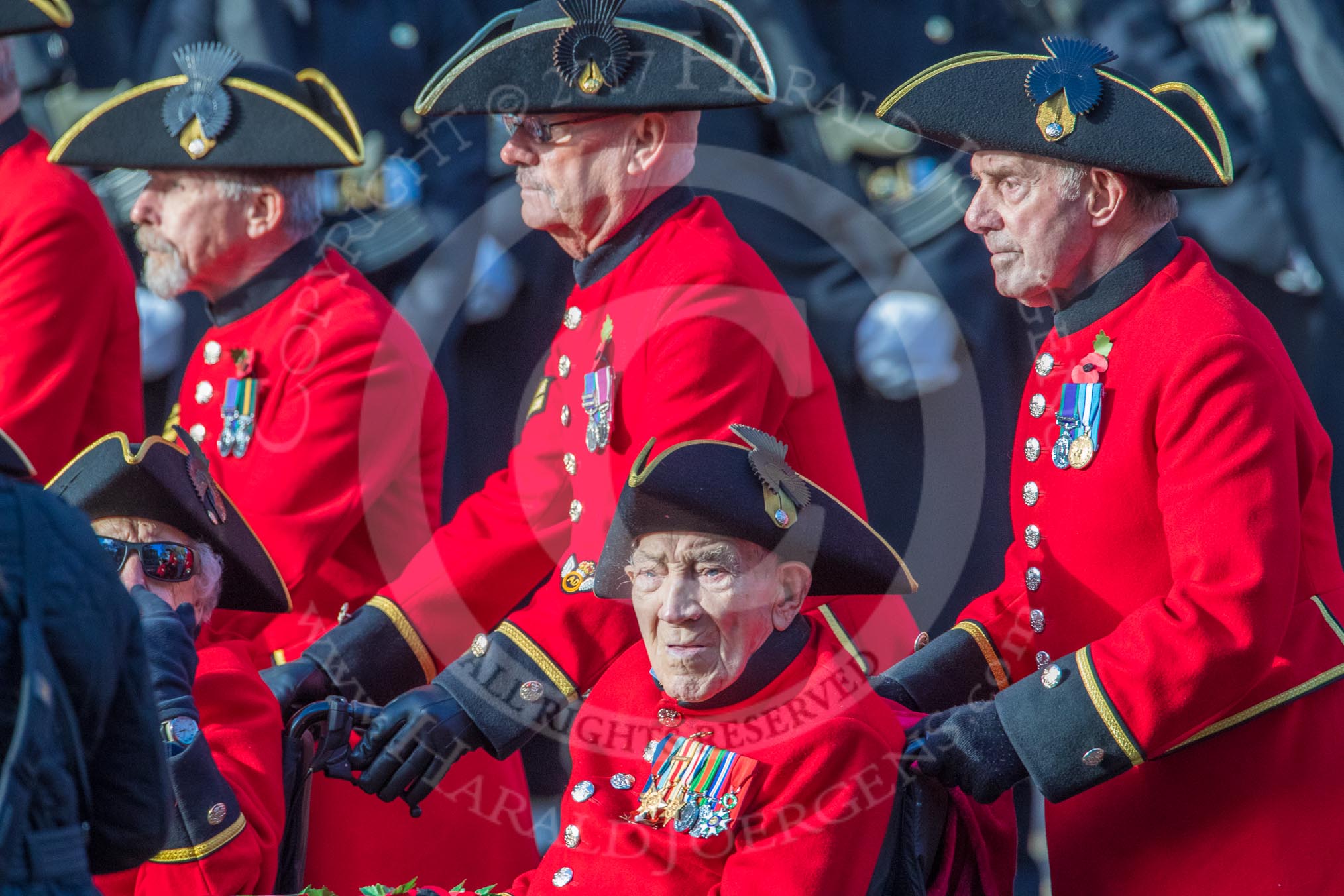 The Royal Hospital Chelsea (Group AA3, 30 members) during the Royal British Legion March Past on Remembrance Sunday at the Cenotaph, Whitehall, Westminster, London, 11 November 2018, 11:48.