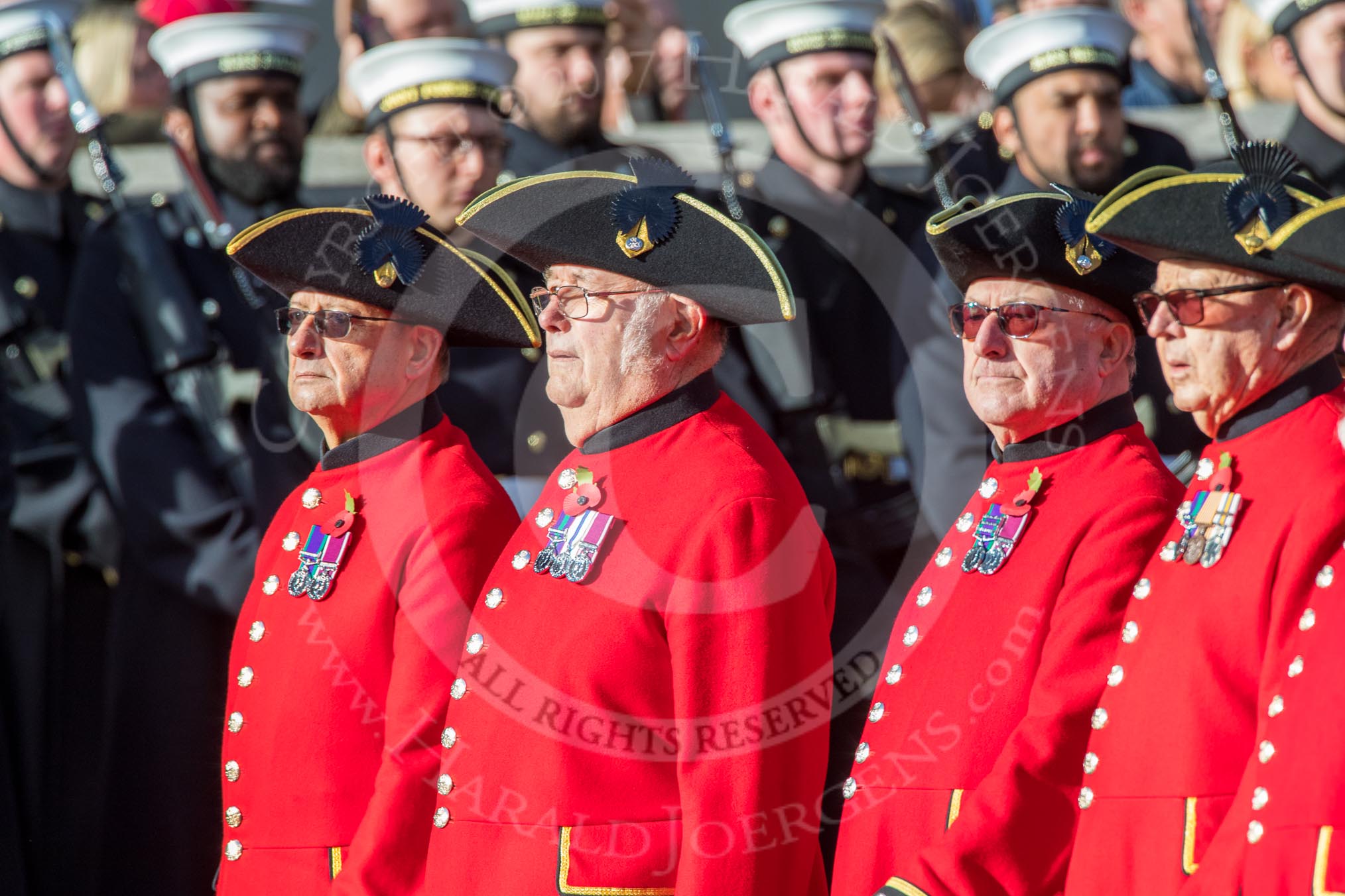 The Royal Hospital Chelsea (Group AA3, 30 members) during the Royal British Legion March Past on Remembrance Sunday at the Cenotaph, Whitehall, Westminster, London, 11 November 2018, 11:48.