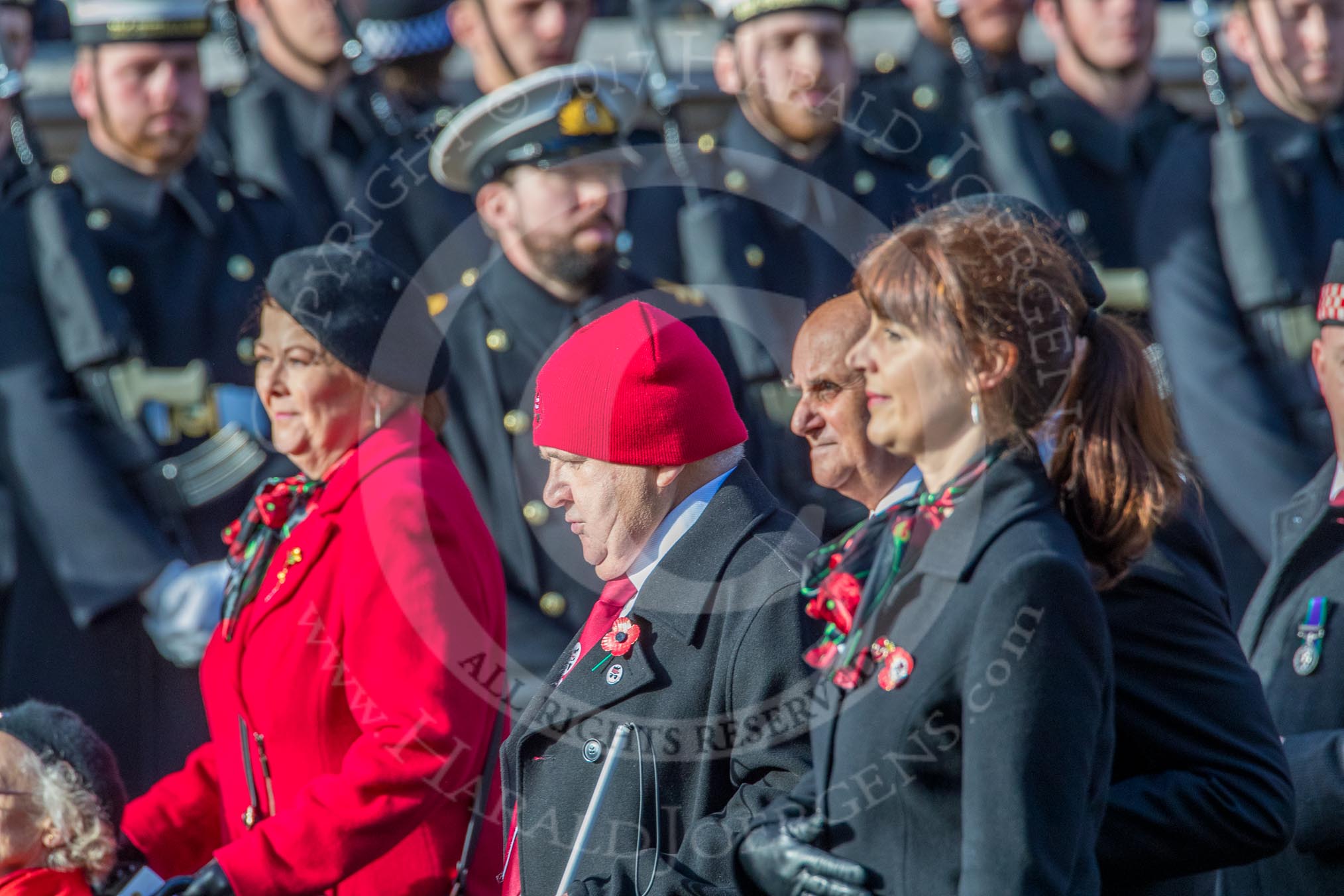 Scottish War Blinded (Group AA8, 21 members) during the Royal British Legion March Past on Remembrance Sunday at the Cenotaph, Whitehall, Westminster, London, 11 November 2018, 11:49.