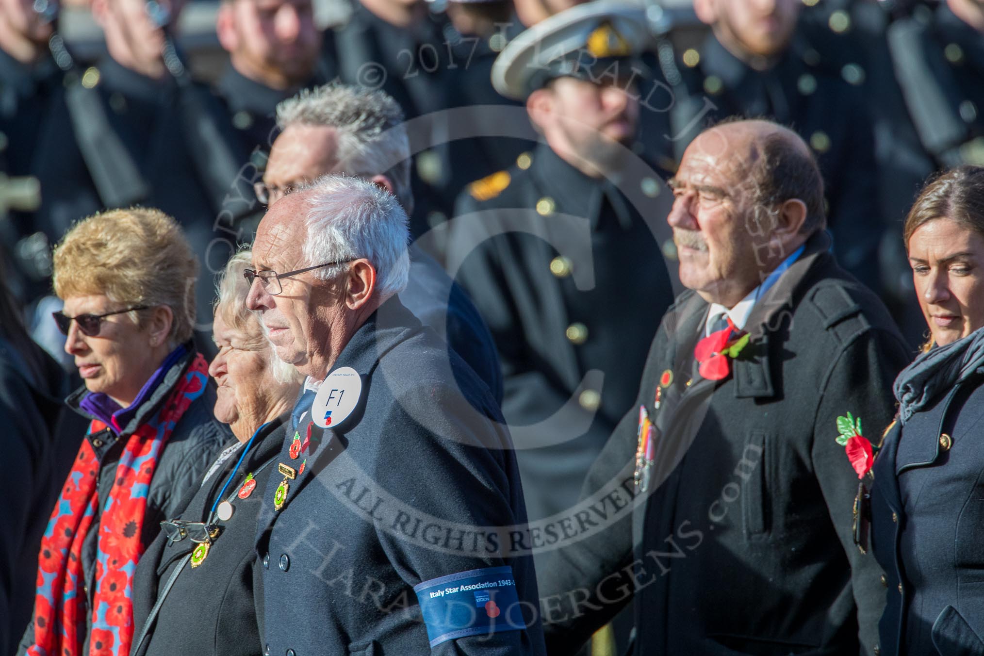 Italy Star Association  1943 - 1945 (Group F1, 29 members) during the Royal British Legion March Past on Remembrance Sunday at the Cenotaph, Whitehall, Westminster, London, 11 November 2018, 11:49.