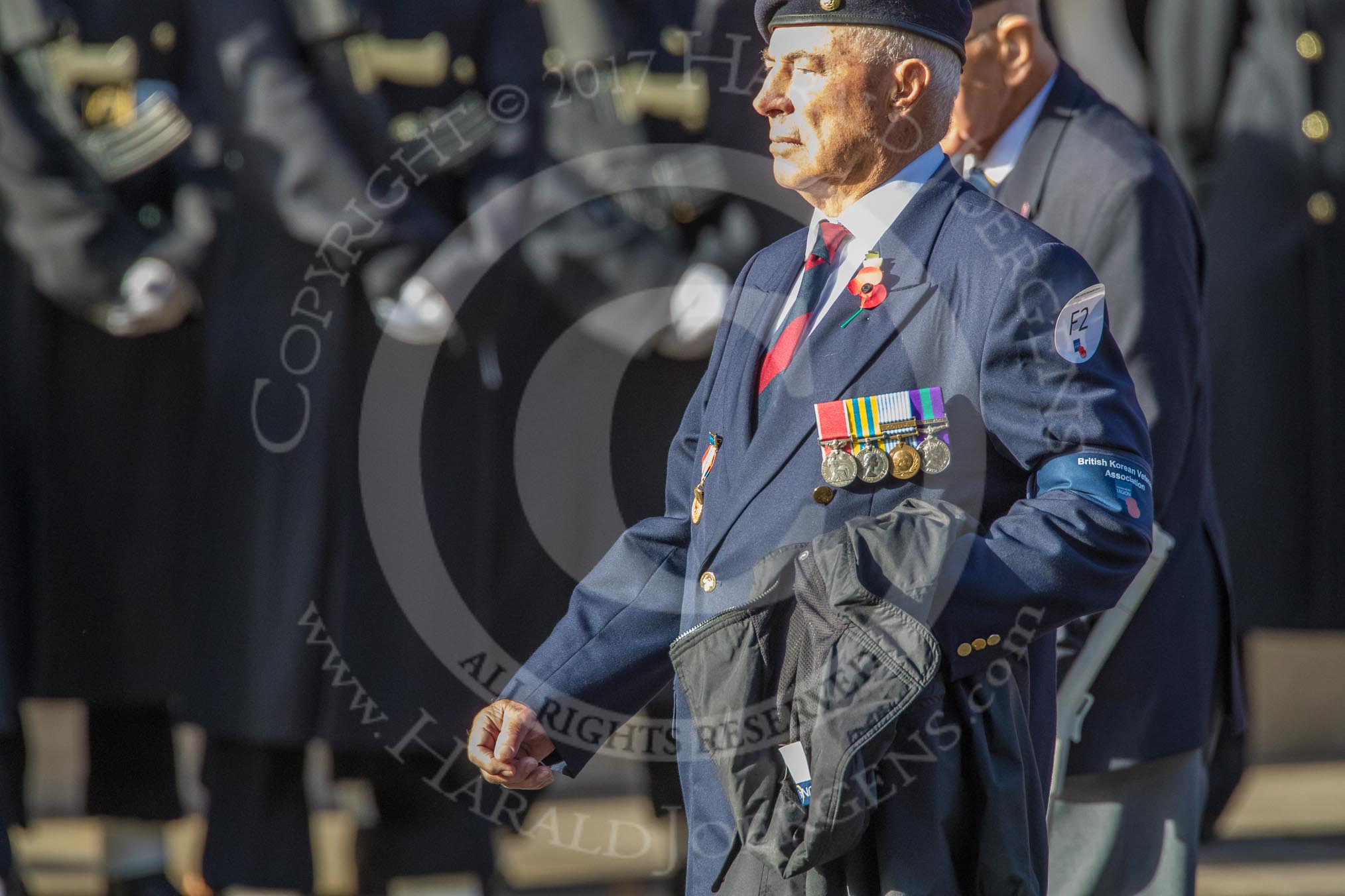 British Korean Veterans Association  (Group F2, 16 members) during the Royal British Legion March Past on Remembrance Sunday at the Cenotaph, Whitehall, Westminster, London, 11 November 2018, 11:49.