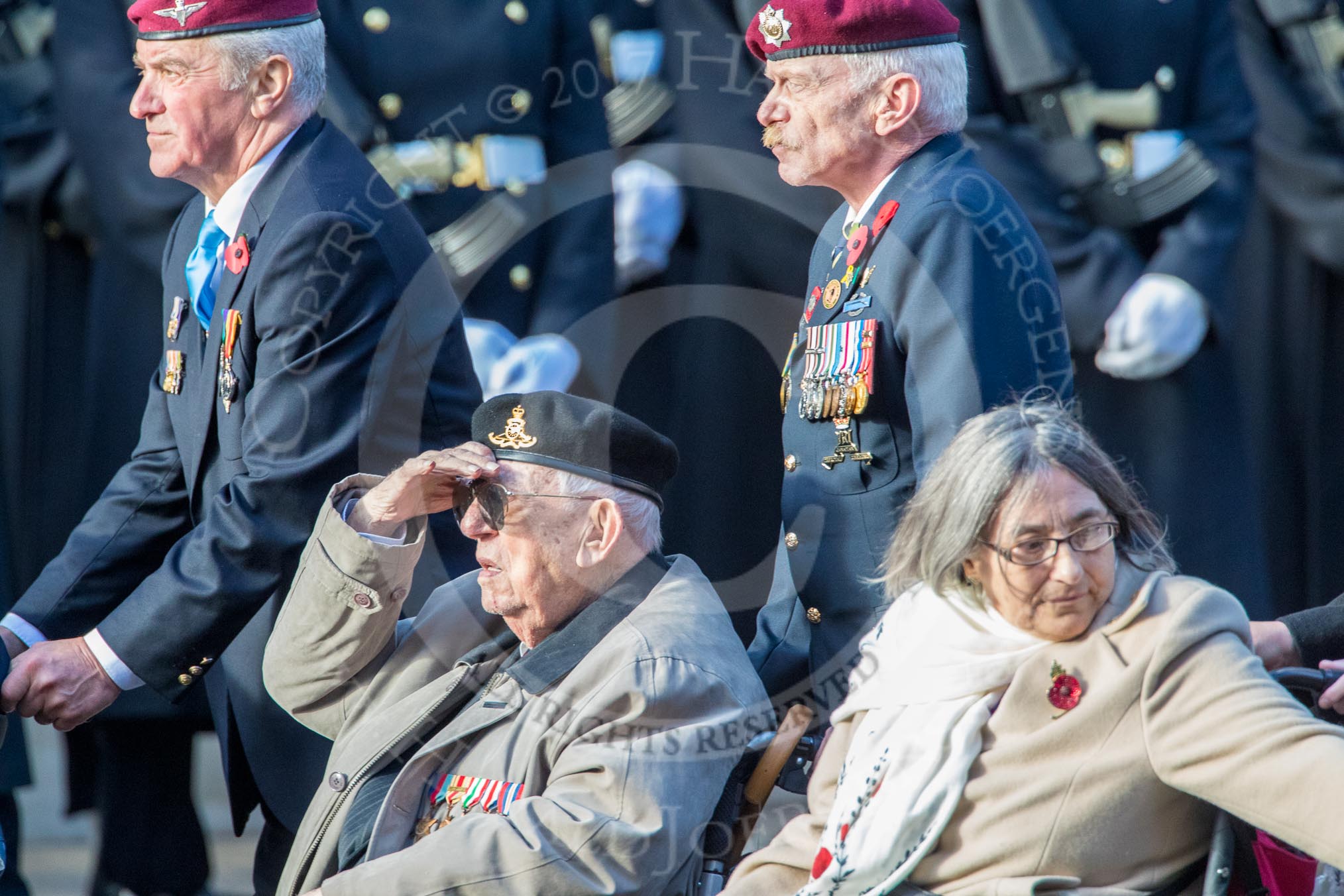 The Monte Cassino Society (Group F6, 29 members) during the Royal British Legion March Past on Remembrance Sunday at the Cenotaph, Whitehall, Westminster, London, 11 November 2018, 11:50.