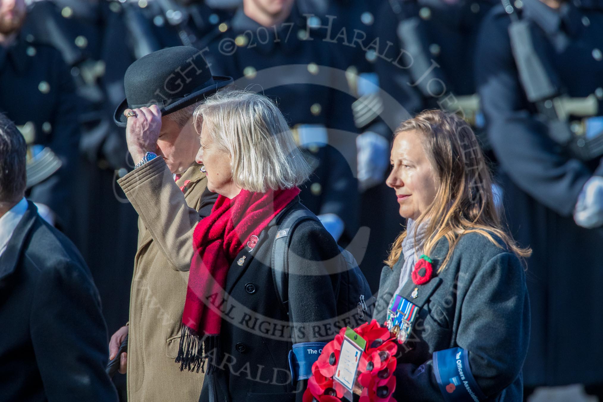 The Officers' Association  (Group F7, 3 members) during the Royal British Legion March Past on Remembrance Sunday at the Cenotaph, Whitehall, Westminster, London, 11 November 2018, 11:51.