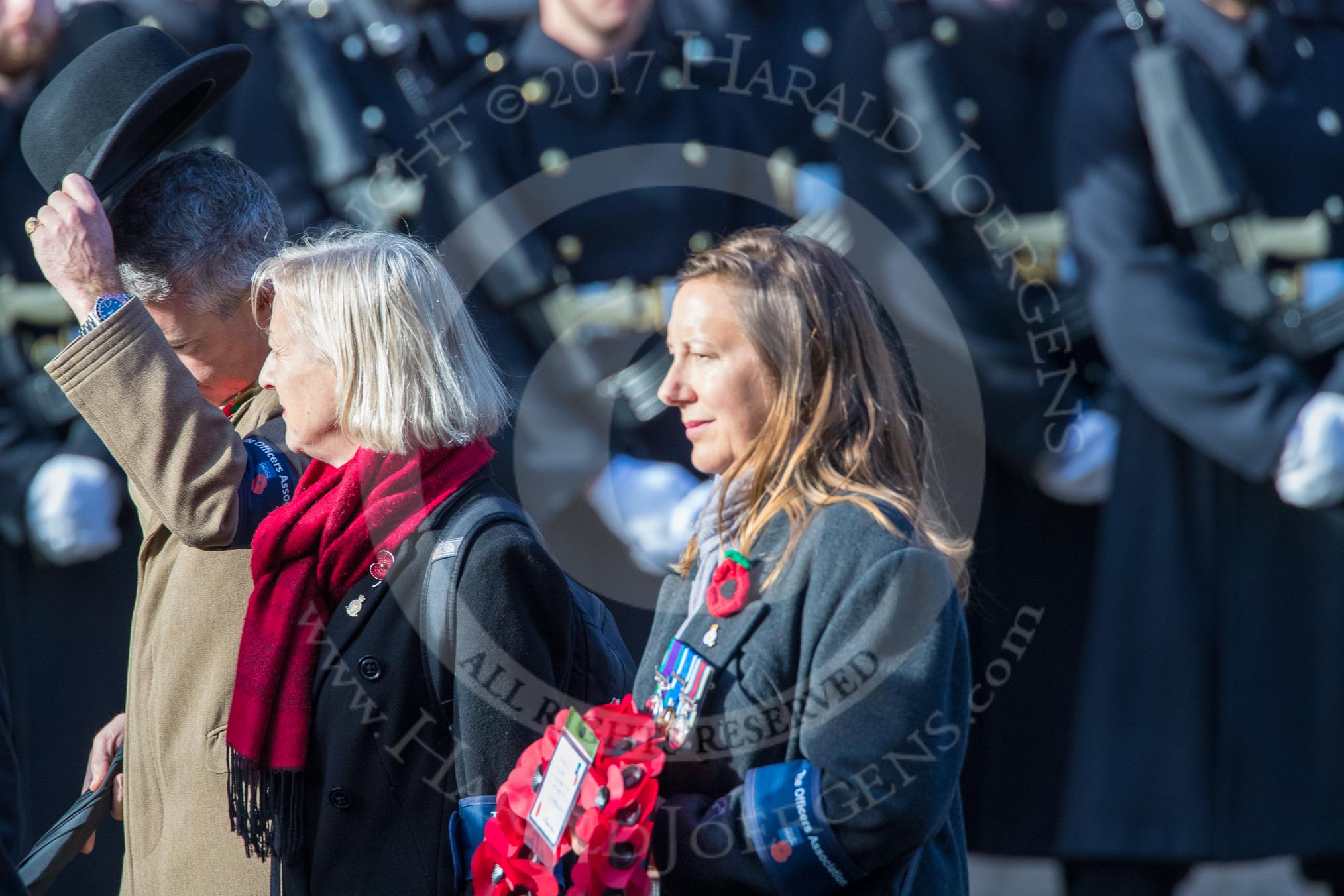 The Officers' Association  (Group F7, 3 members) during the Royal British Legion March Past on Remembrance Sunday at the Cenotaph, Whitehall, Westminster, London, 11 November 2018, 11:51.