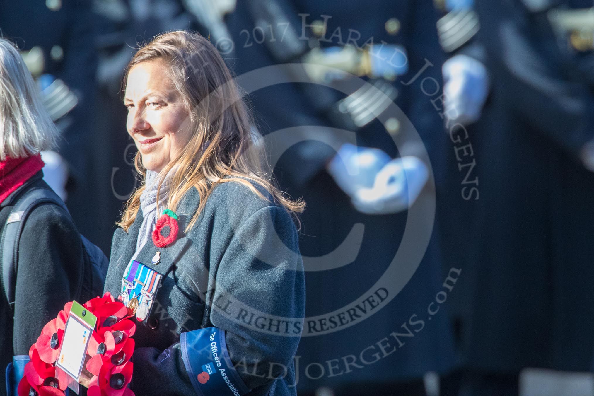 The Officers' Association  (Group F7, 3 members) during the Royal British Legion March Past on Remembrance Sunday at the Cenotaph, Whitehall, Westminster, London, 11 November 2018, 11:51.