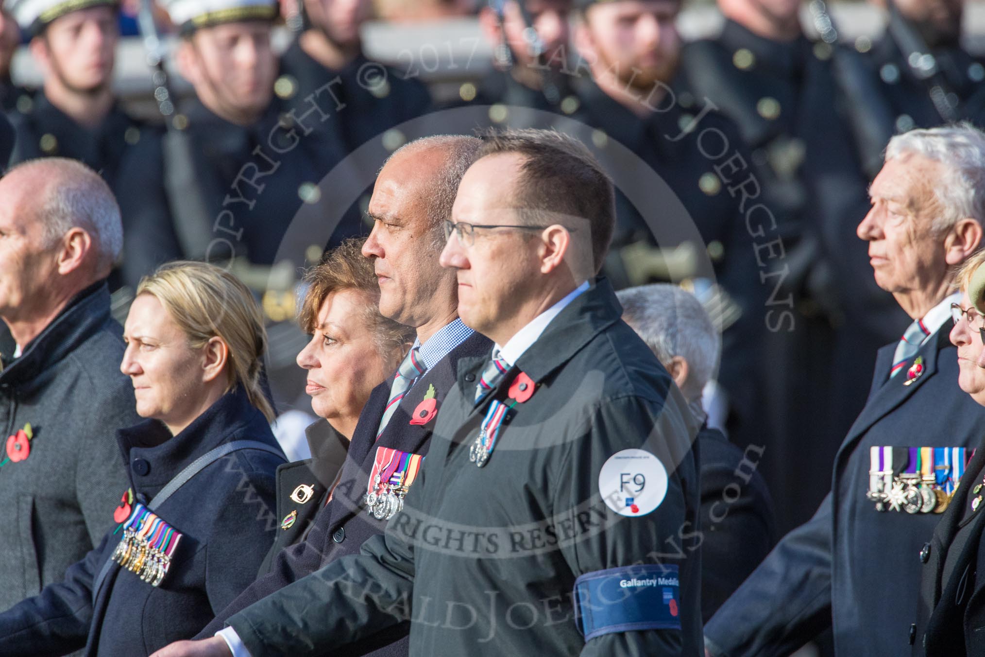 Gallantry Medallists' League (Group F9, 38 members) during the Royal British Legion March Past on Remembrance Sunday at the Cenotaph, Whitehall, Westminster, London, 11 November 2018, 11:51.