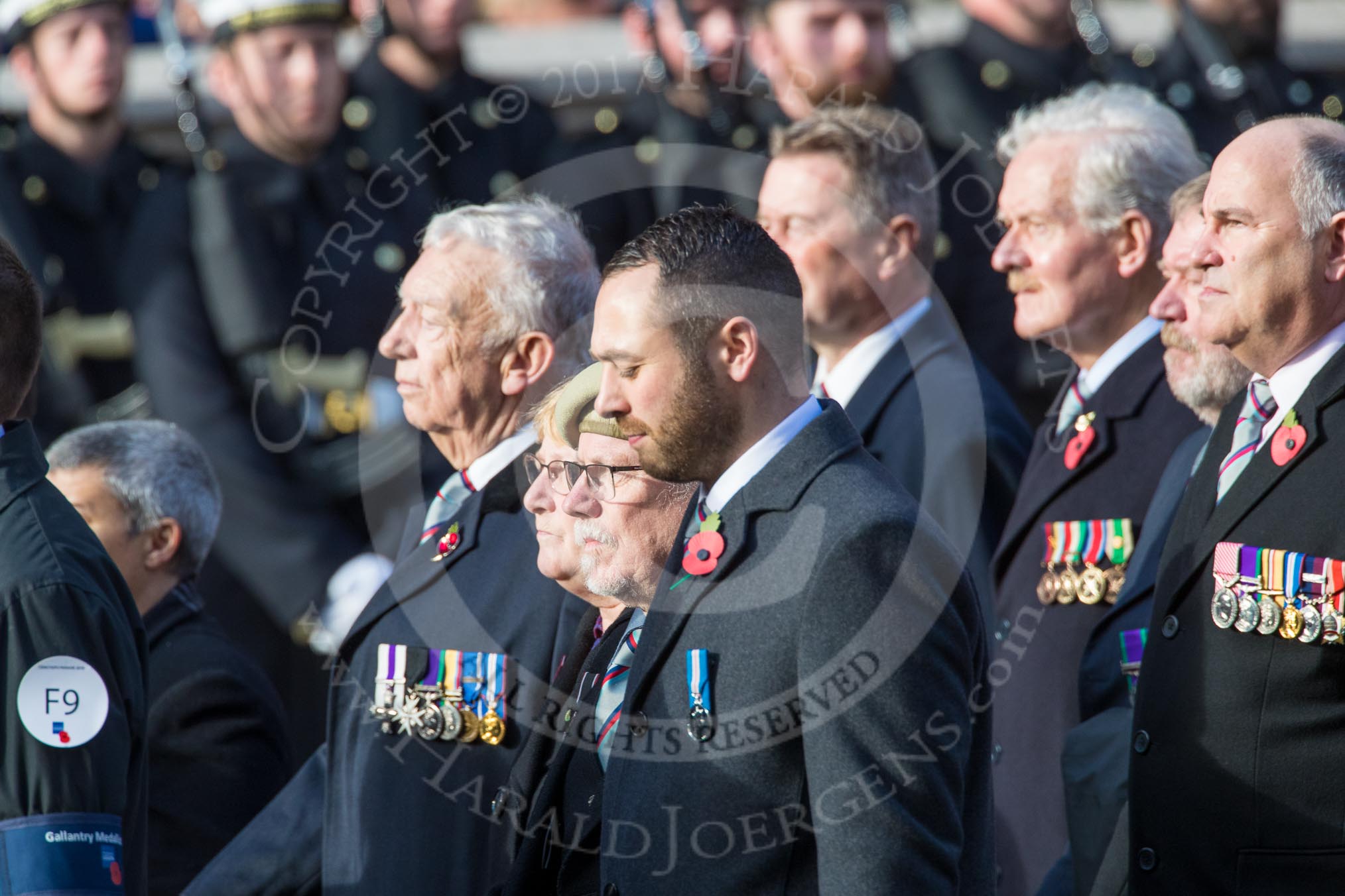 Gallantry Medallists' League (Group F9, 38 members) during the Royal British Legion March Past on Remembrance Sunday at the Cenotaph, Whitehall, Westminster, London, 11 November 2018, 11:51.