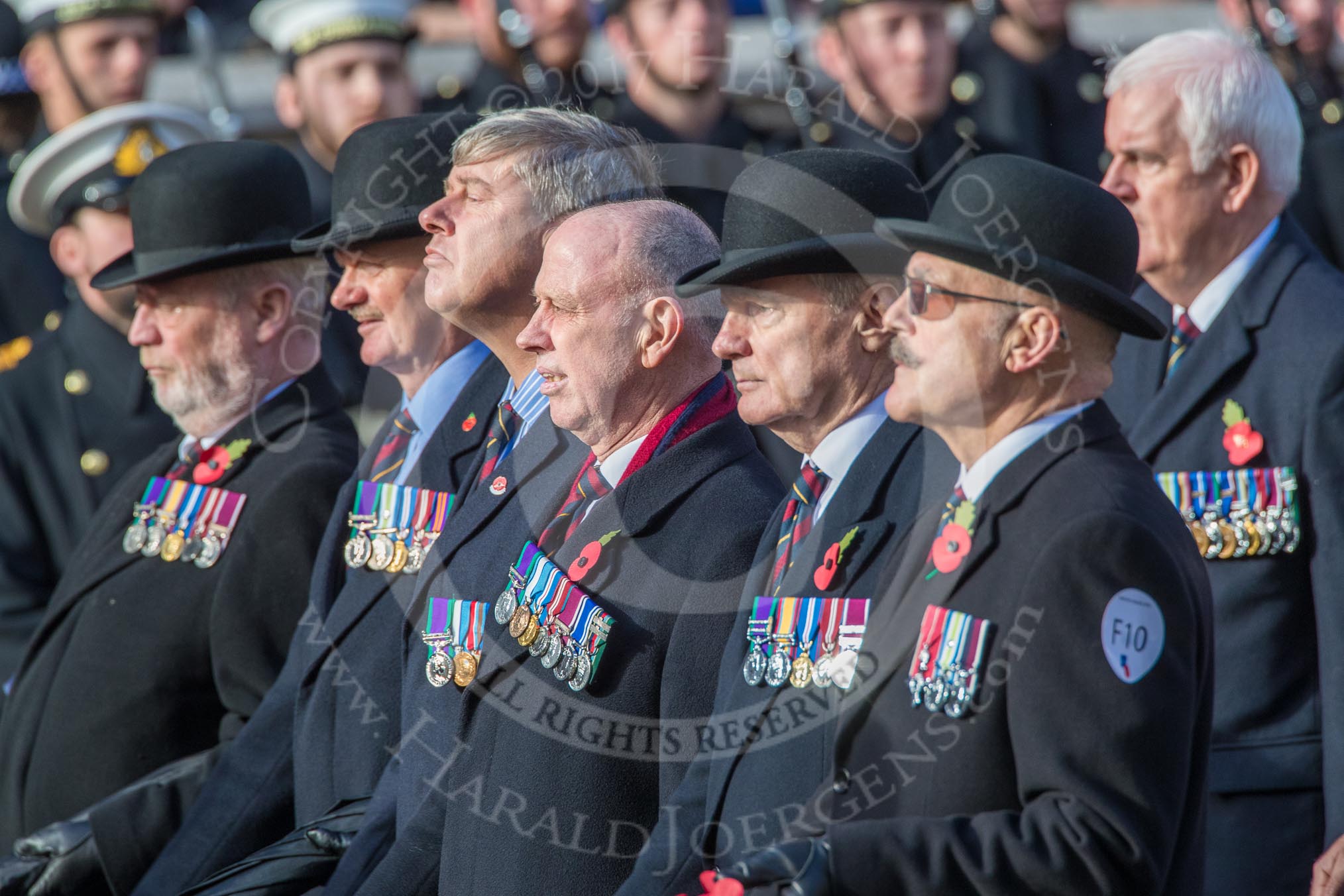 The Queen's Body Guard of the Yeomen of the Guard (Group F10, 15 members) during the Royal British Legion March Past on Remembrance Sunday at the Cenotaph, Whitehall, Westminster, London, 11 November 2018, 11:51.