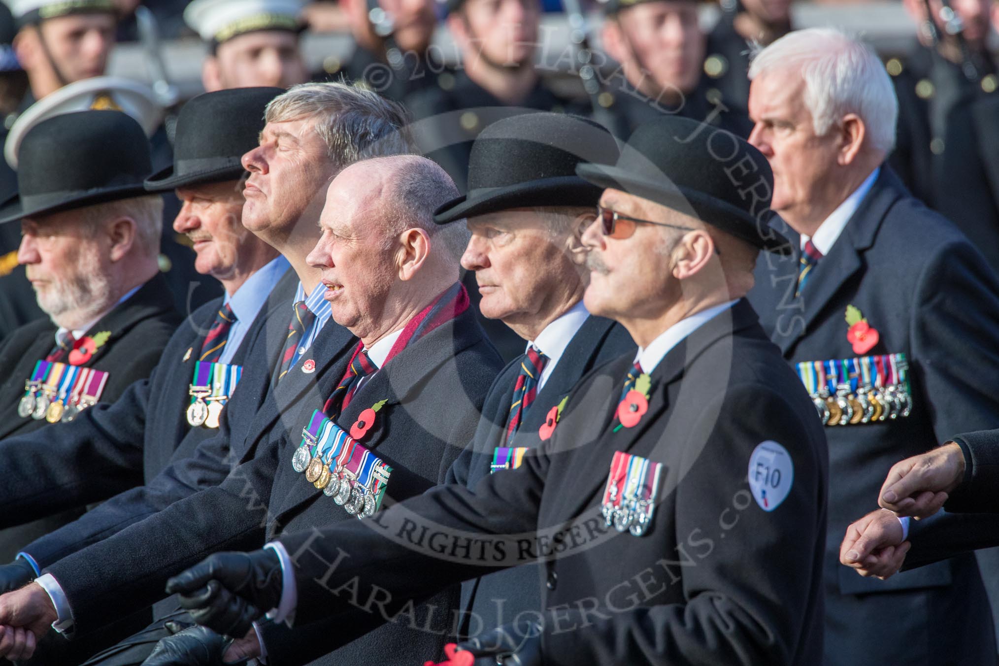 The Queen's Body Guard of the Yeomen of the Guard (Group F10, 15 members) during the Royal British Legion March Past on Remembrance Sunday at the Cenotaph, Whitehall, Westminster, London, 11 November 2018, 11:51.