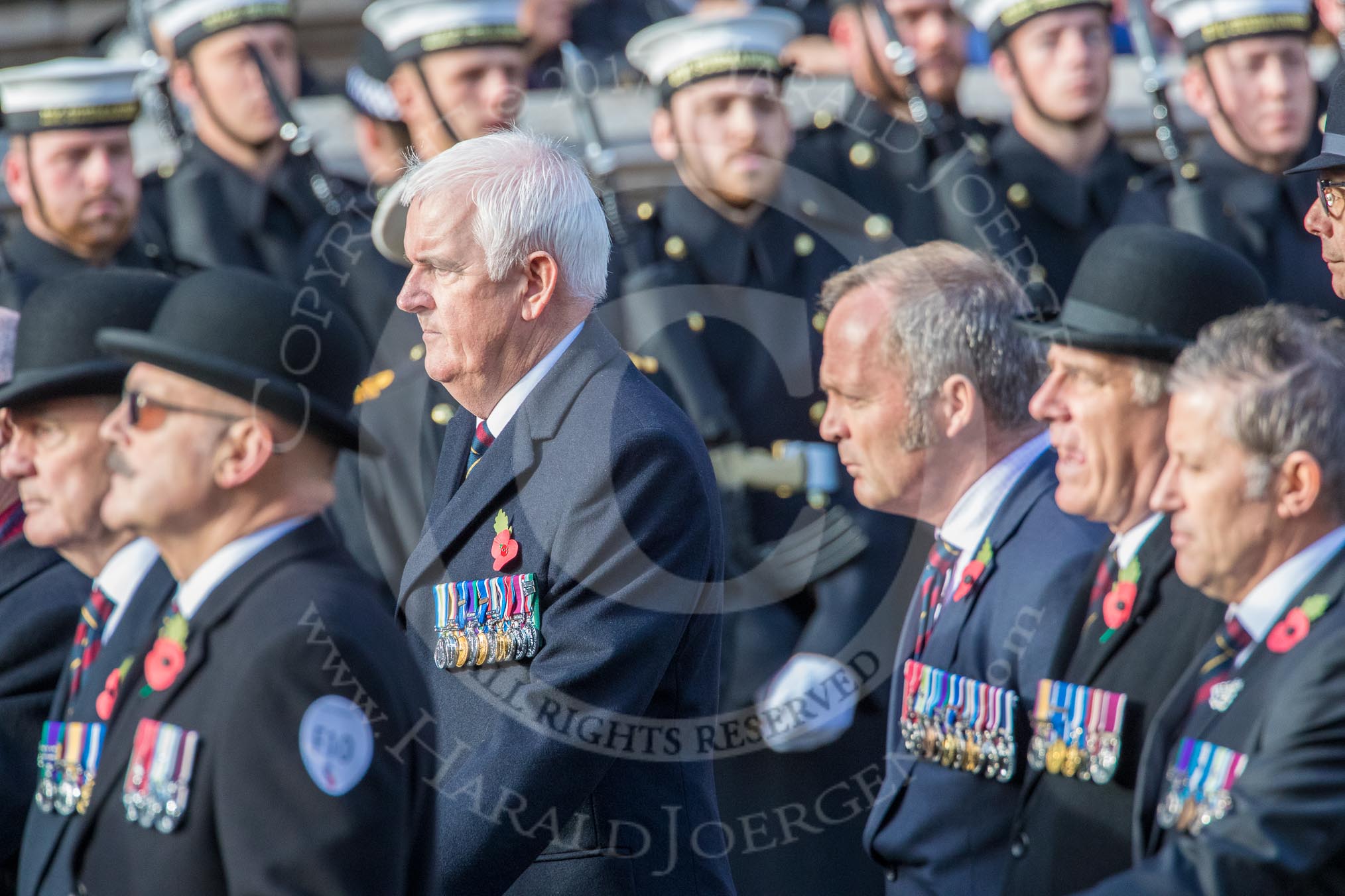 The Queen's Body Guard of the Yeomen of the Guard (Group F10, 15 members) during the Royal British Legion March Past on Remembrance Sunday at the Cenotaph, Whitehall, Westminster, London, 11 November 2018, 11:51.