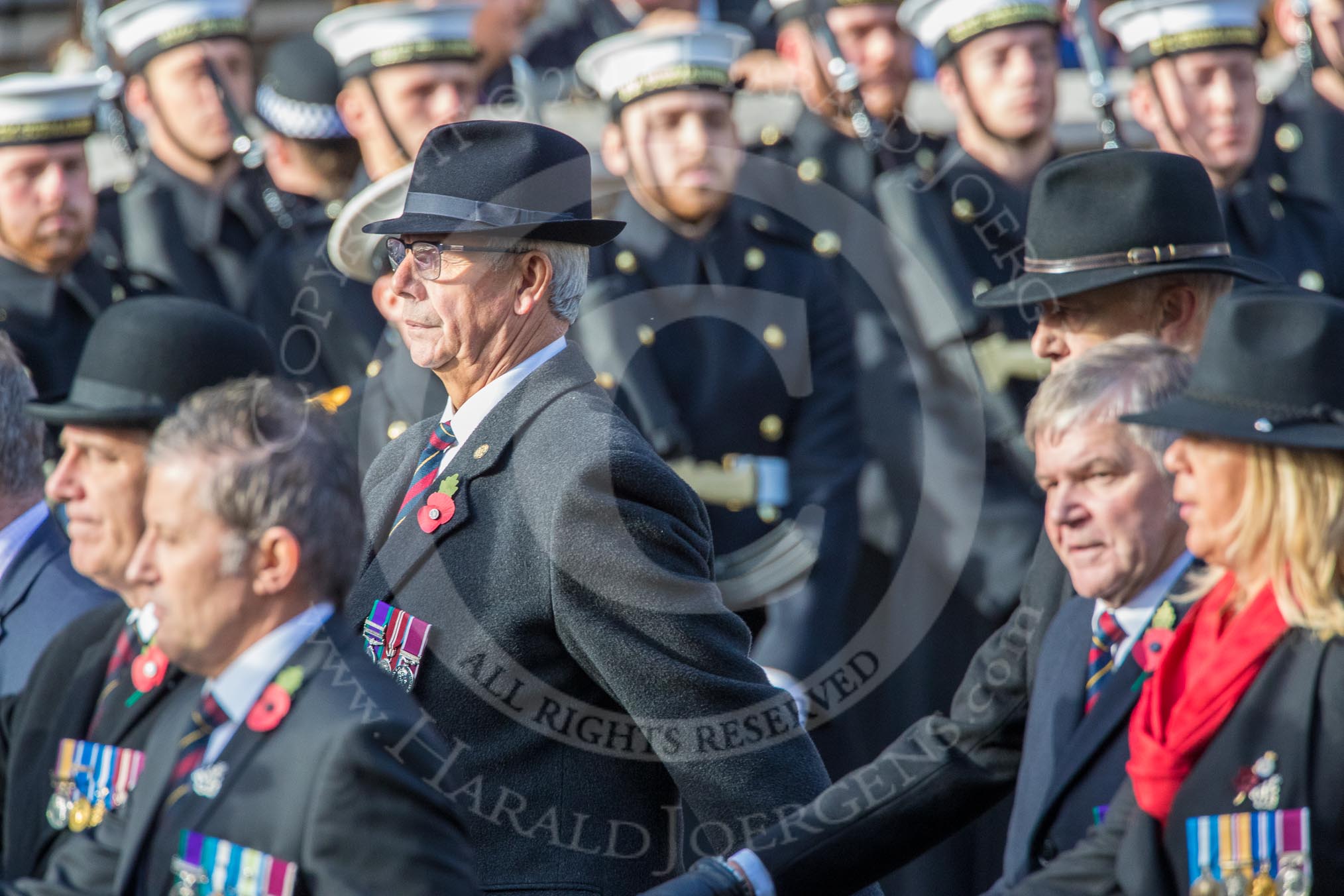 Gallantry Medallists' League (Group F9, 38 members) during the Royal British Legion March Past on Remembrance Sunday at the Cenotaph, Whitehall, Westminster, London, 11 November 2018, 11:51.