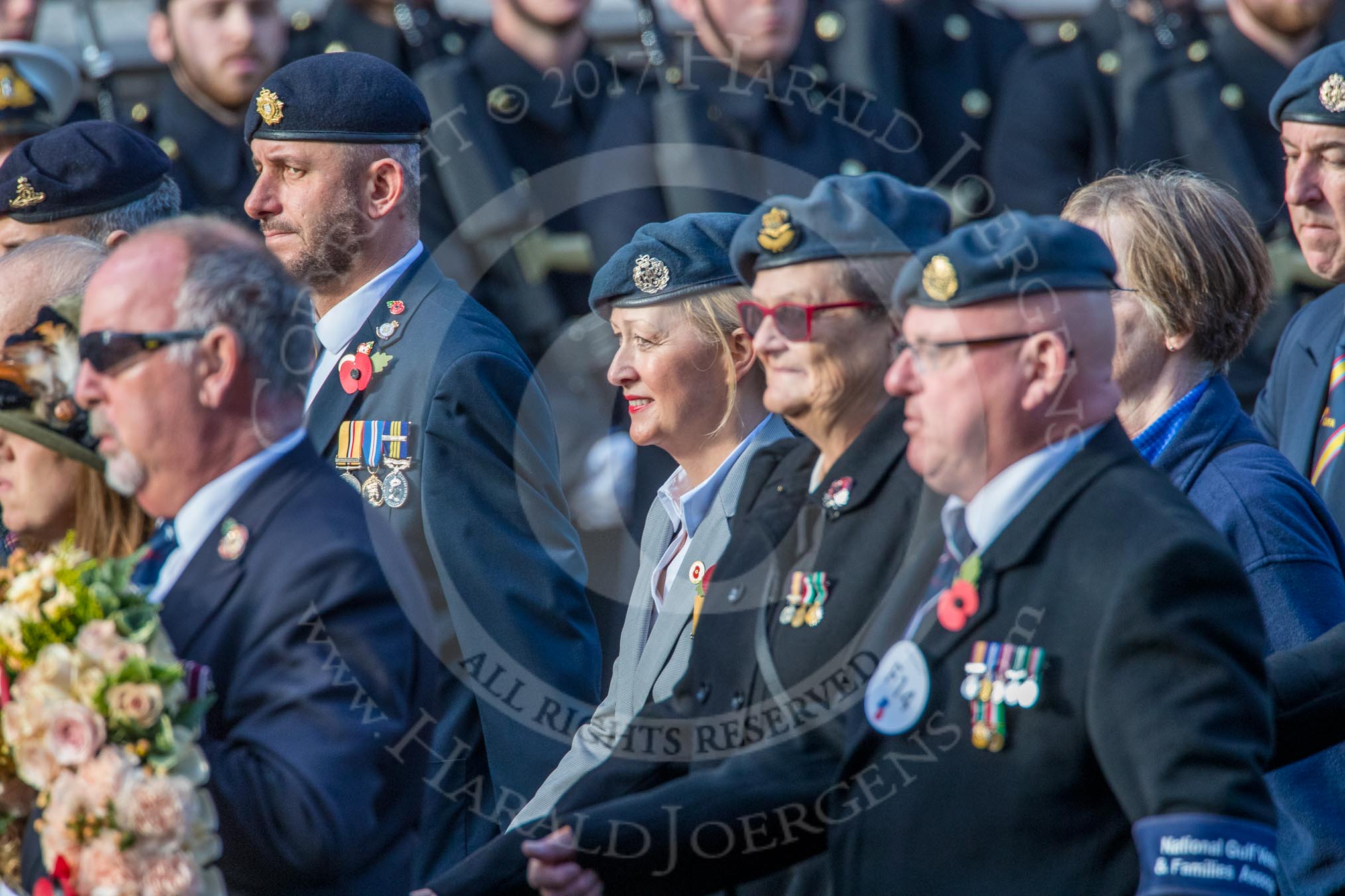 National Gulf Veterans and Families Association (Group F14, 25 members) during the Royal British Legion March Past on Remembrance Sunday at the Cenotaph, Whitehall, Westminster, London, 11 November 2018, 11:52.