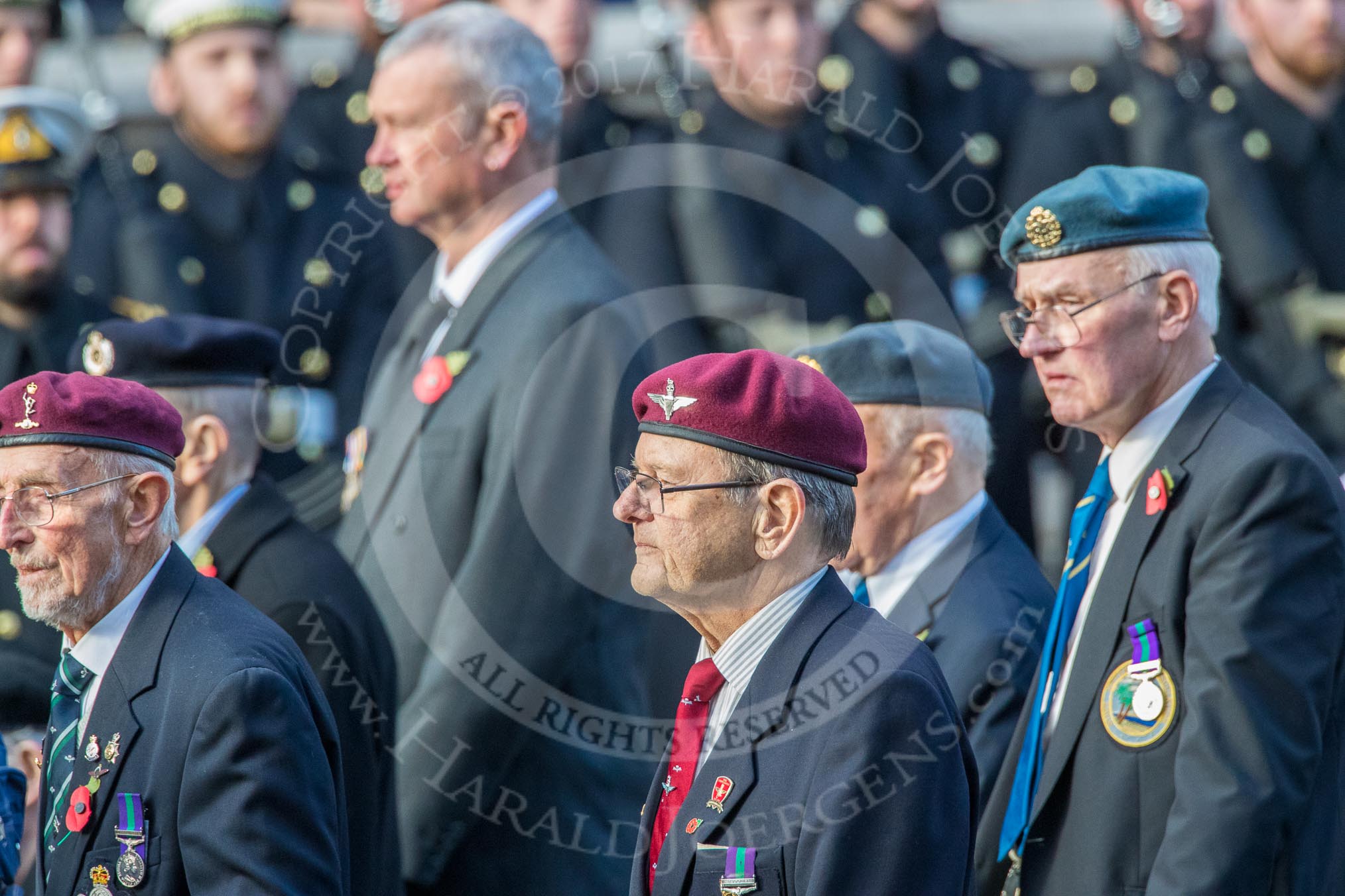 Suez Veterans' Association (Group F15, 32 members) during the Royal British Legion March Past on Remembrance Sunday at the Cenotaph, Whitehall, Westminster, London, 11 November 2018, 11:52.