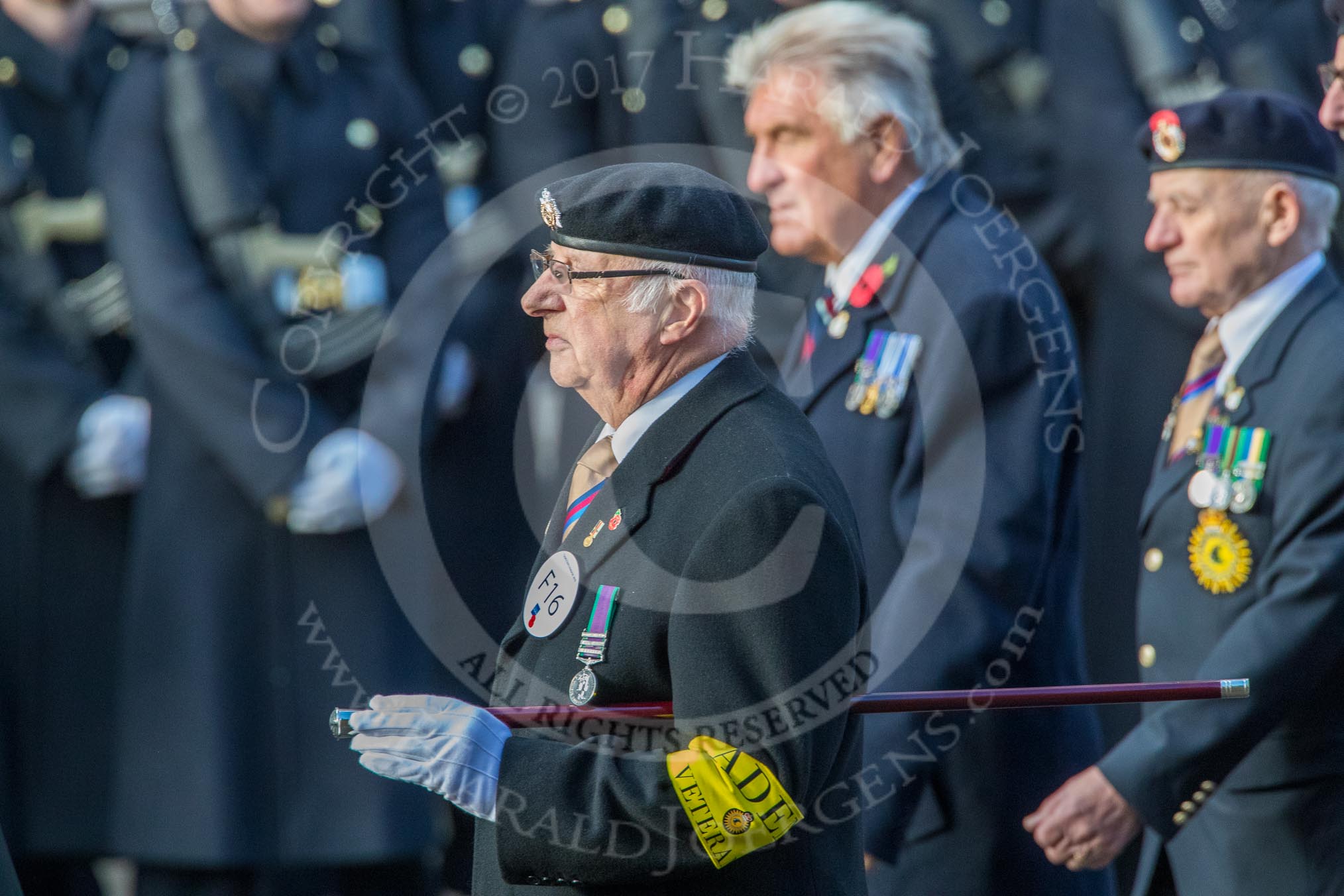 Aden Veterans Association (Group F16, 53 members) during the Royal British Legion March Past on Remembrance Sunday at the Cenotaph, Whitehall, Westminster, London, 11 November 2018, 11:52.