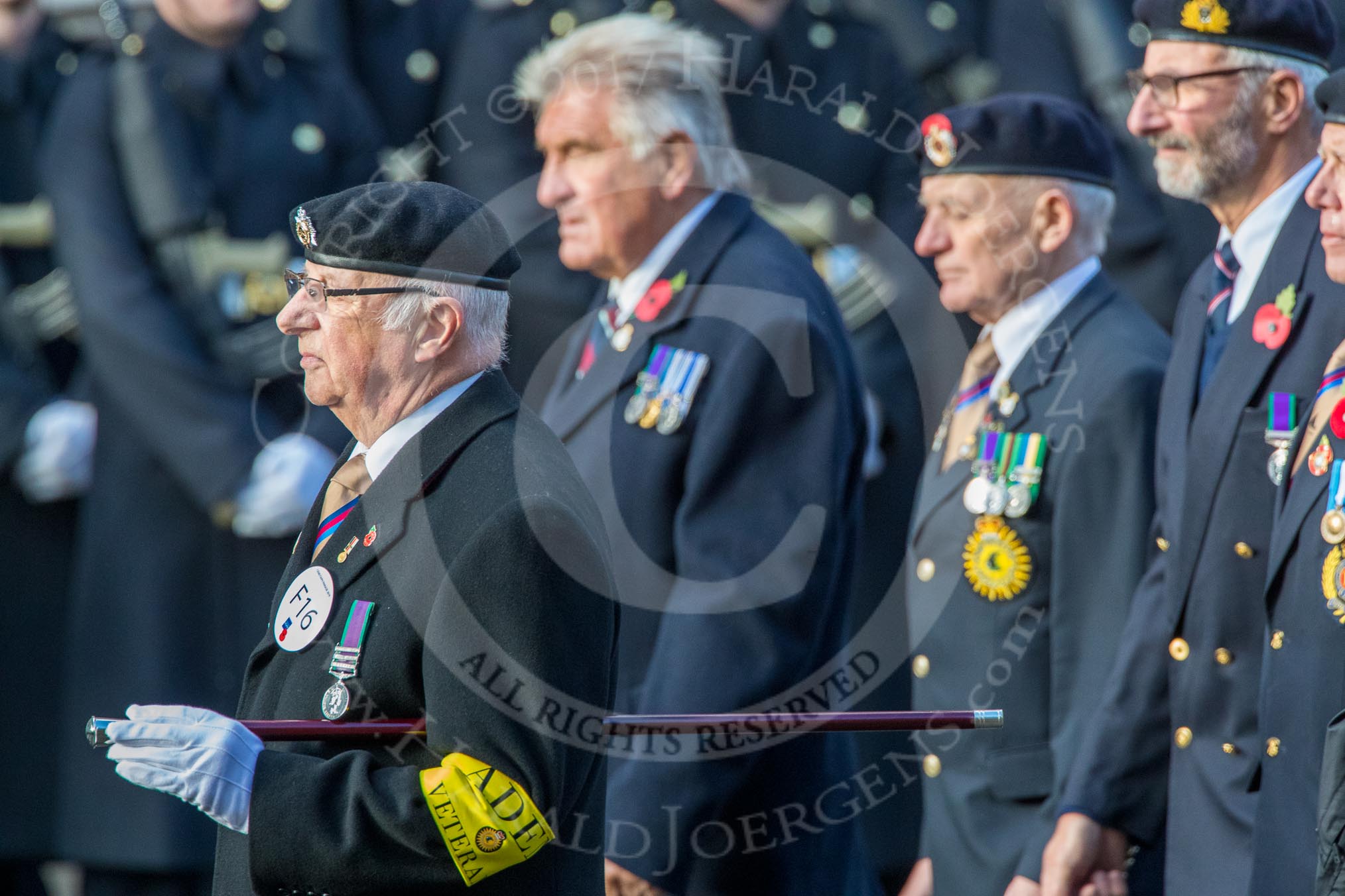 Aden Veterans Association (Group F16, 53 members) during the Royal British Legion March Past on Remembrance Sunday at the Cenotaph, Whitehall, Westminster, London, 11 November 2018, 11:52.