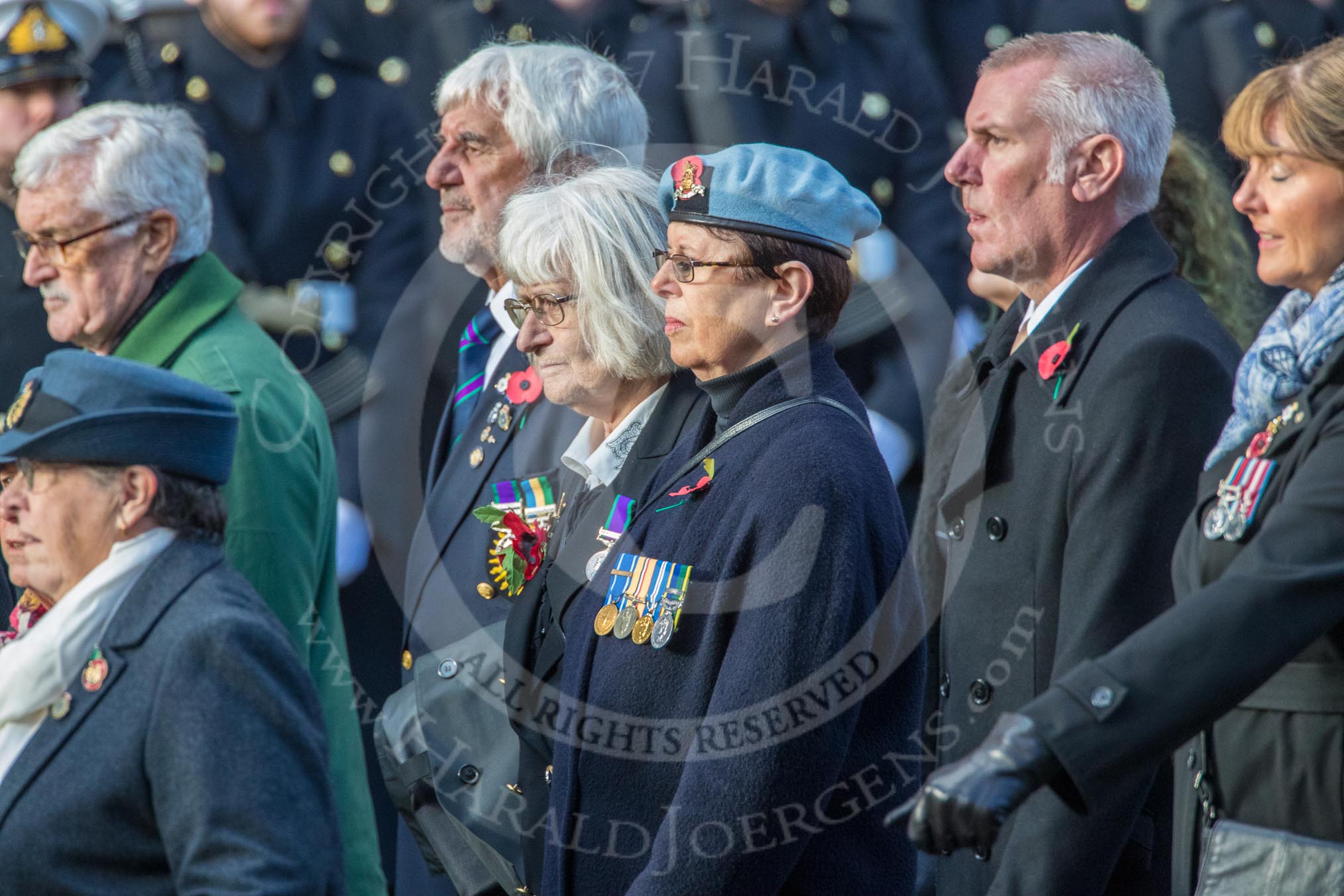 Aden Veterans Association (Group F16, 53 members) during the Royal British Legion March Past on Remembrance Sunday at the Cenotaph, Whitehall, Westminster, London, 11 November 2018, 11:52.