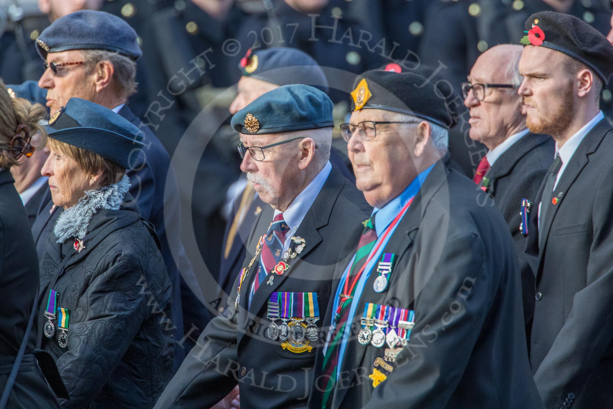 Aden Veterans Association (Group F16, 53 members) during the Royal British Legion March Past on Remembrance Sunday at the Cenotaph, Whitehall, Westminster, London, 11 November 2018, 11:52.