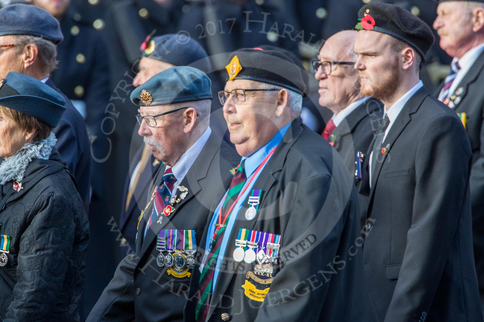 Aden Veterans Association (Group F16, 53 members) during the Royal British Legion March Past on Remembrance Sunday at the Cenotaph, Whitehall, Westminster, London, 11 November 2018, 11:52.