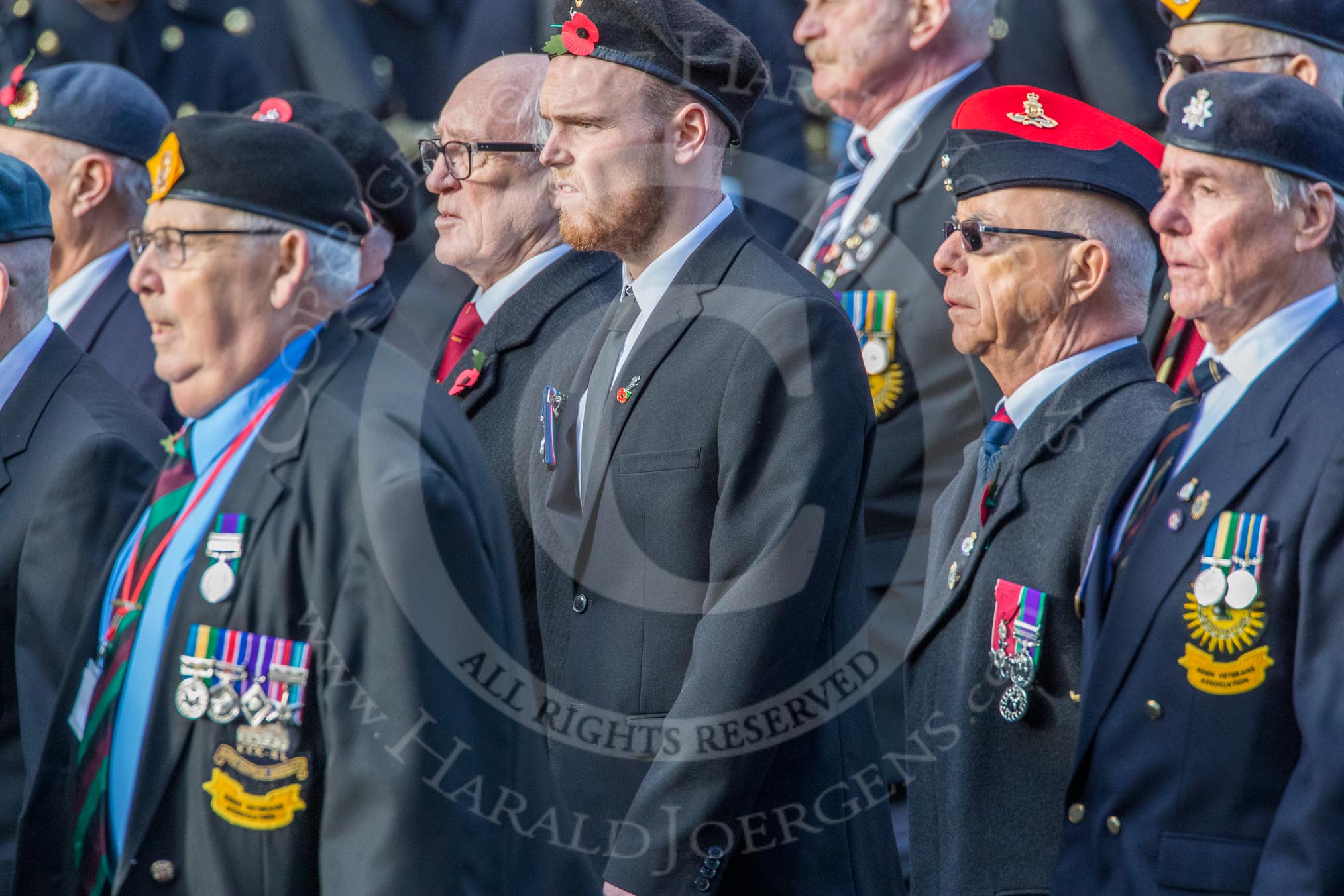 Aden Veterans Association (Group F16, 53 members) during the Royal British Legion March Past on Remembrance Sunday at the Cenotaph, Whitehall, Westminster, London, 11 November 2018, 11:52.