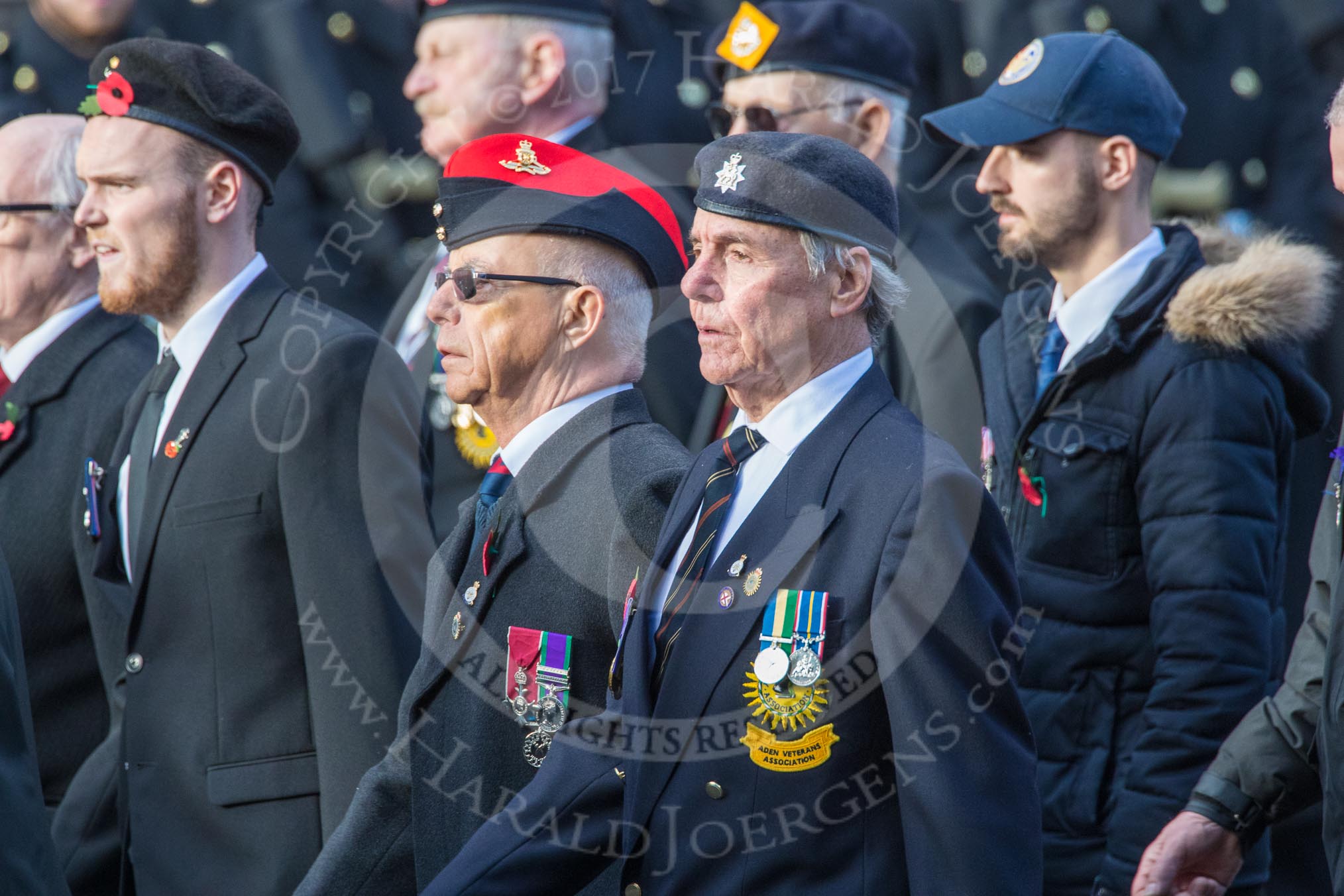 Aden Veterans Association (Group F16, 53 members) during the Royal British Legion March Past on Remembrance Sunday at the Cenotaph, Whitehall, Westminster, London, 11 November 2018, 11:52.