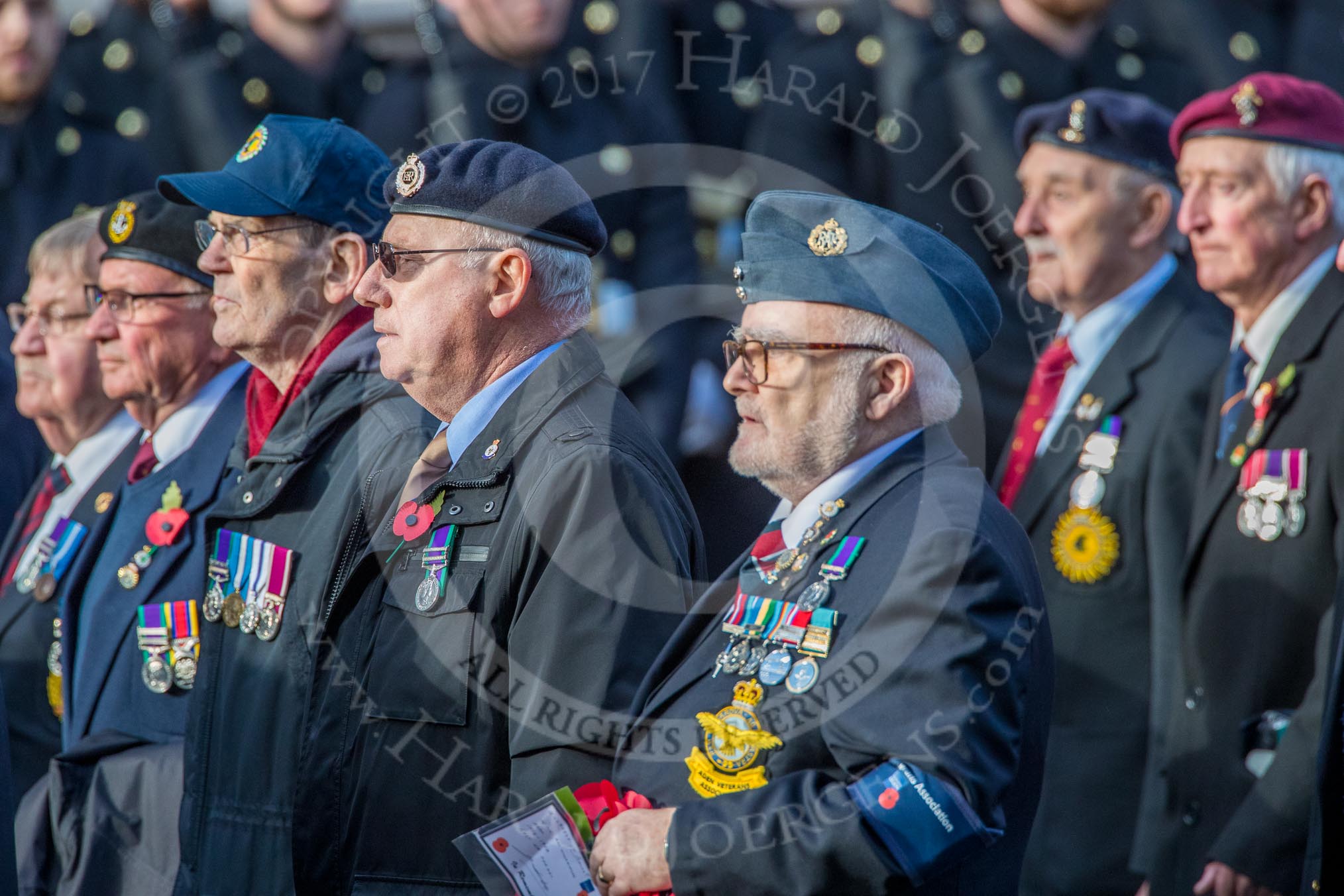 Aden Veterans Association (Group F16, 53 members) during the Royal British Legion March Past on Remembrance Sunday at the Cenotaph, Whitehall, Westminster, London, 11 November 2018, 11:52.