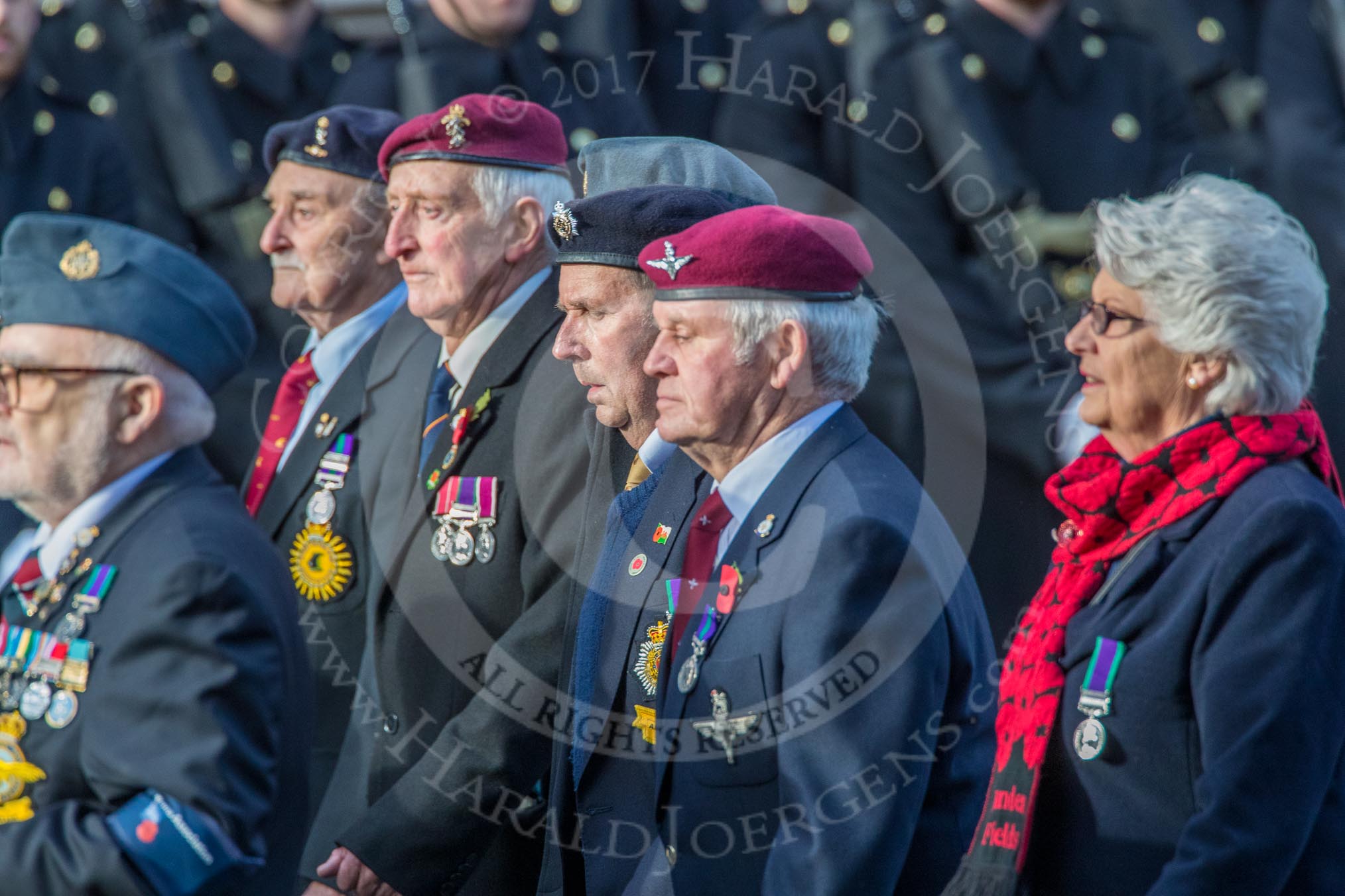 Aden Veterans Association (Group F16, 53 members) during the Royal British Legion March Past on Remembrance Sunday at the Cenotaph, Whitehall, Westminster, London, 11 November 2018, 11:52.