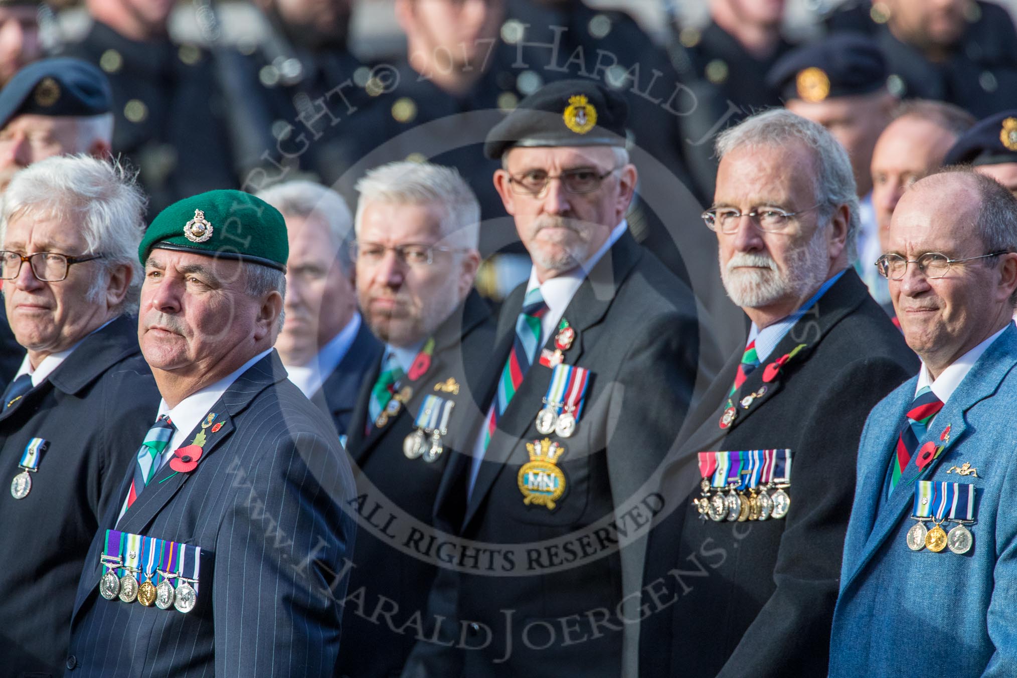 The South Atlantic Medal Association 1982 (Group F17, 150 members) during the Royal British Legion March Past on Remembrance Sunday at the Cenotaph, Whitehall, Westminster, London, 11 November 2018, 11:52.