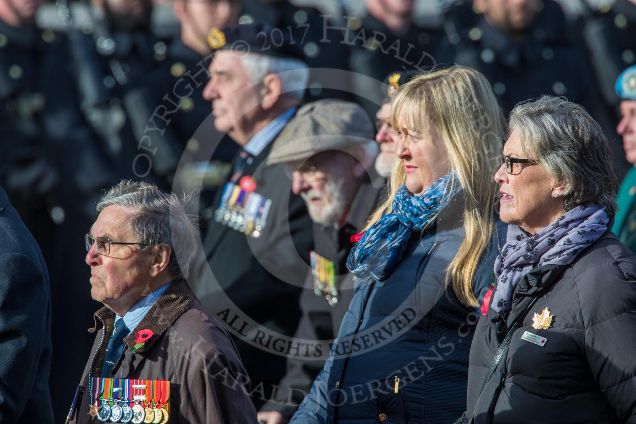 The South Atlantic Medal Association 1982 (Group F17, 150 members) during the Royal British Legion March Past on Remembrance Sunday at the Cenotaph, Whitehall, Westminster, London, 11 November 2018, 11:53.