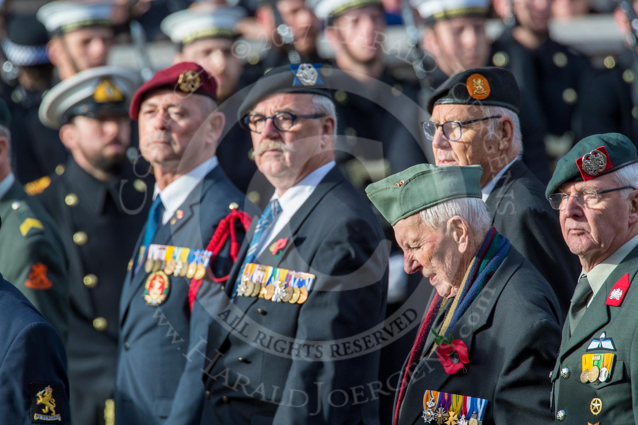 Bond van Wapenbroeders (Group F23, 31 members) during the Royal British Legion March Past on Remembrance Sunday at the Cenotaph, Whitehall, Westminster, London, 11 November 2018, 11:53.