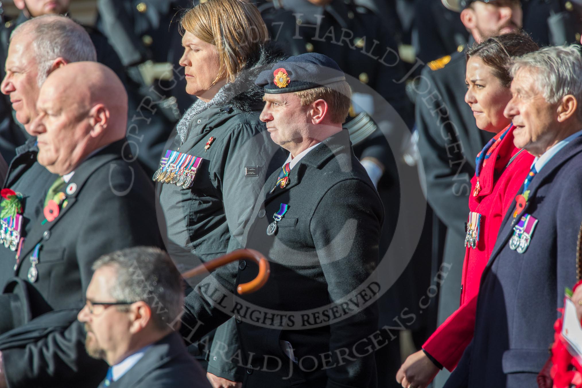 The Cheshire and North Wales Volunteer Decoration and Long Service Medallist’s Association (Group F29, 24 members) during the Royal British Legion March Past on Remembrance Sunday at the Cenotaph, Whitehall, Westminster, London, 11 November 2018, 11:54.