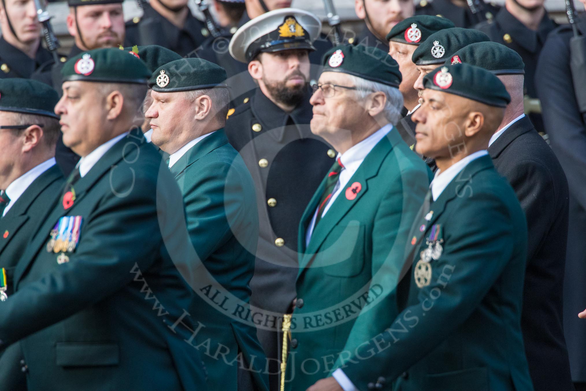 Royal Green Jackets (Group A2, 153 members)  during the Royal British Legion March Past on Remembrance Sunday at the Cenotaph, Whitehall, Westminster, London, 11 November 2018, 11:55.