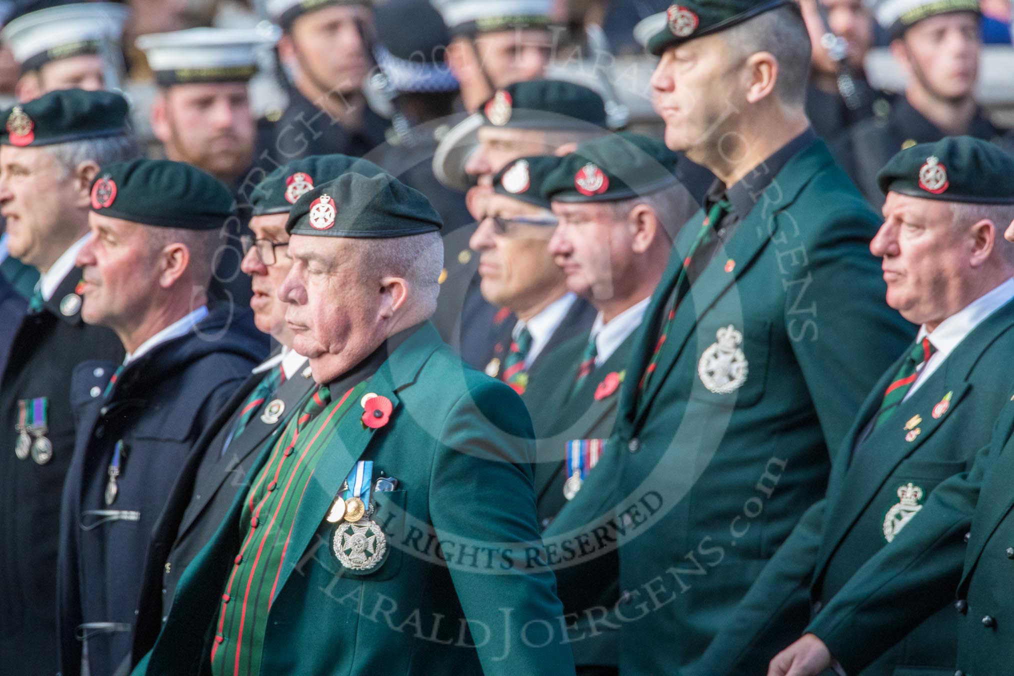 Royal Green Jackets (Group A2, 153 members) during the Royal British Legion March Past on Remembrance Sunday at the Cenotaph, Whitehall, Westminster, London, 11 November 2018, 11:55.