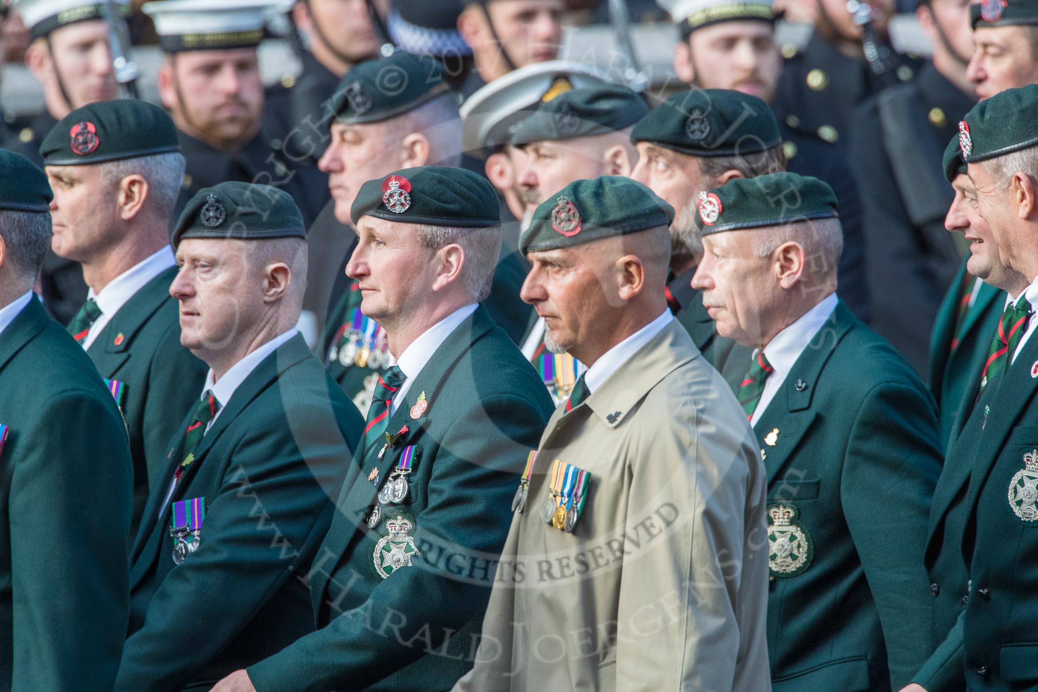 Royal Green Jackets (Group A2, 153 members) during the Royal British Legion March Past on Remembrance Sunday at the Cenotaph, Whitehall, Westminster, London, 11 November 2018, 11:55.