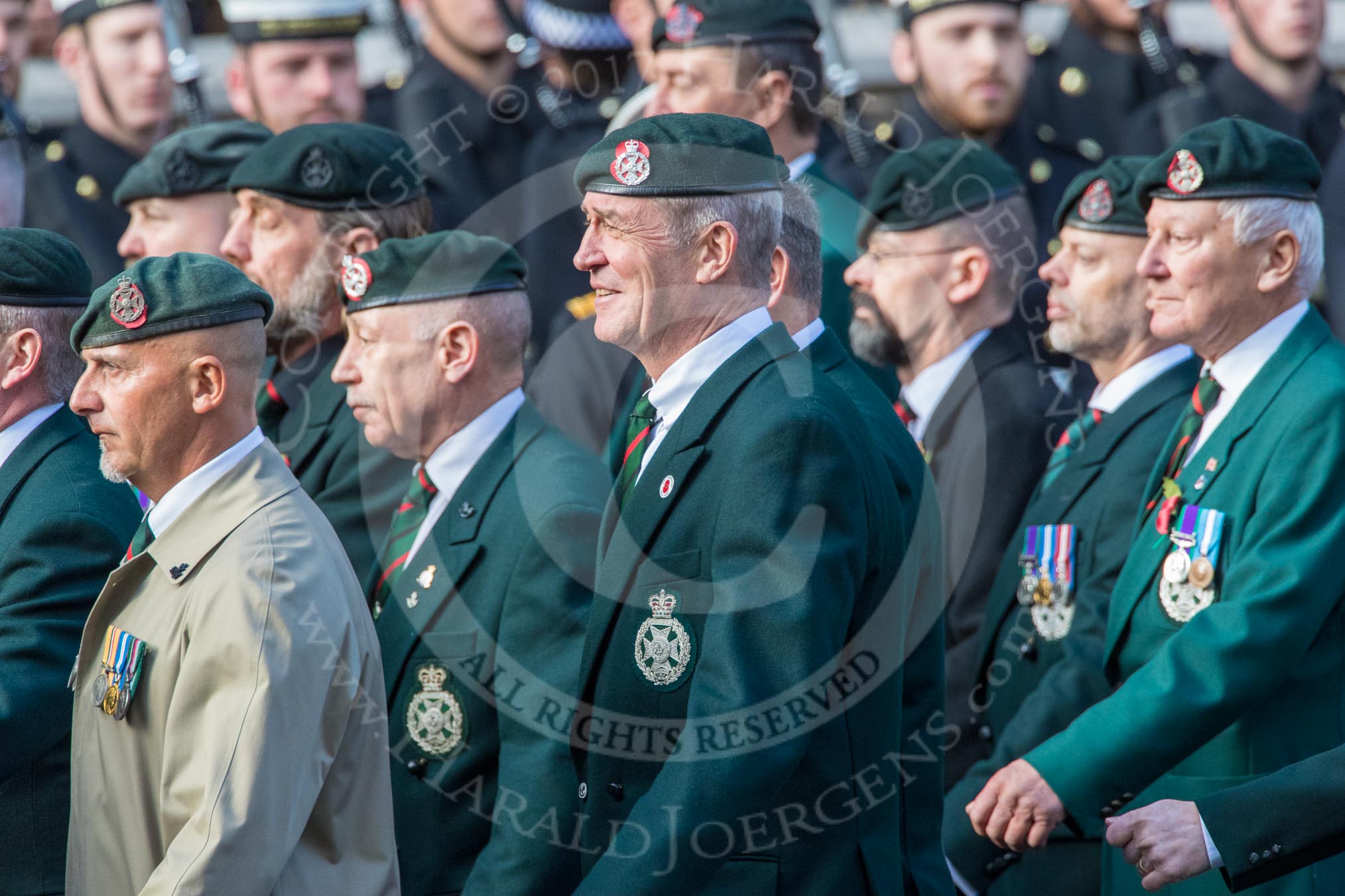 Royal Green Jackets (Group A2, 153 members) during the Royal British Legion March Past on Remembrance Sunday at the Cenotaph, Whitehall, Westminster, London, 11 November 2018, 11:55.