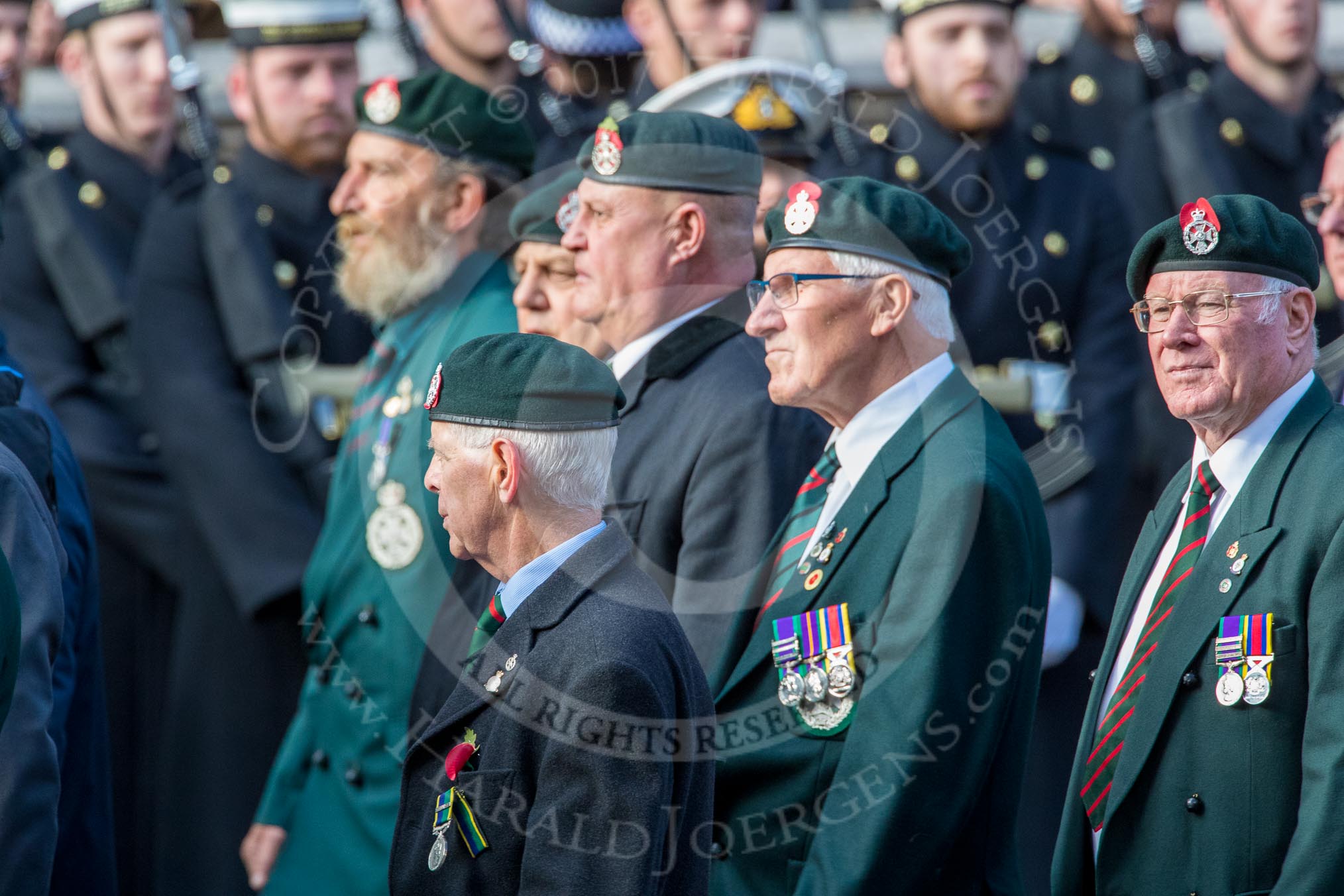 Royal Green Jackets (Group A2, 153 members) during the Royal British Legion March Past on Remembrance Sunday at the Cenotaph, Whitehall, Westminster, London, 11 November 2018, 11:55.