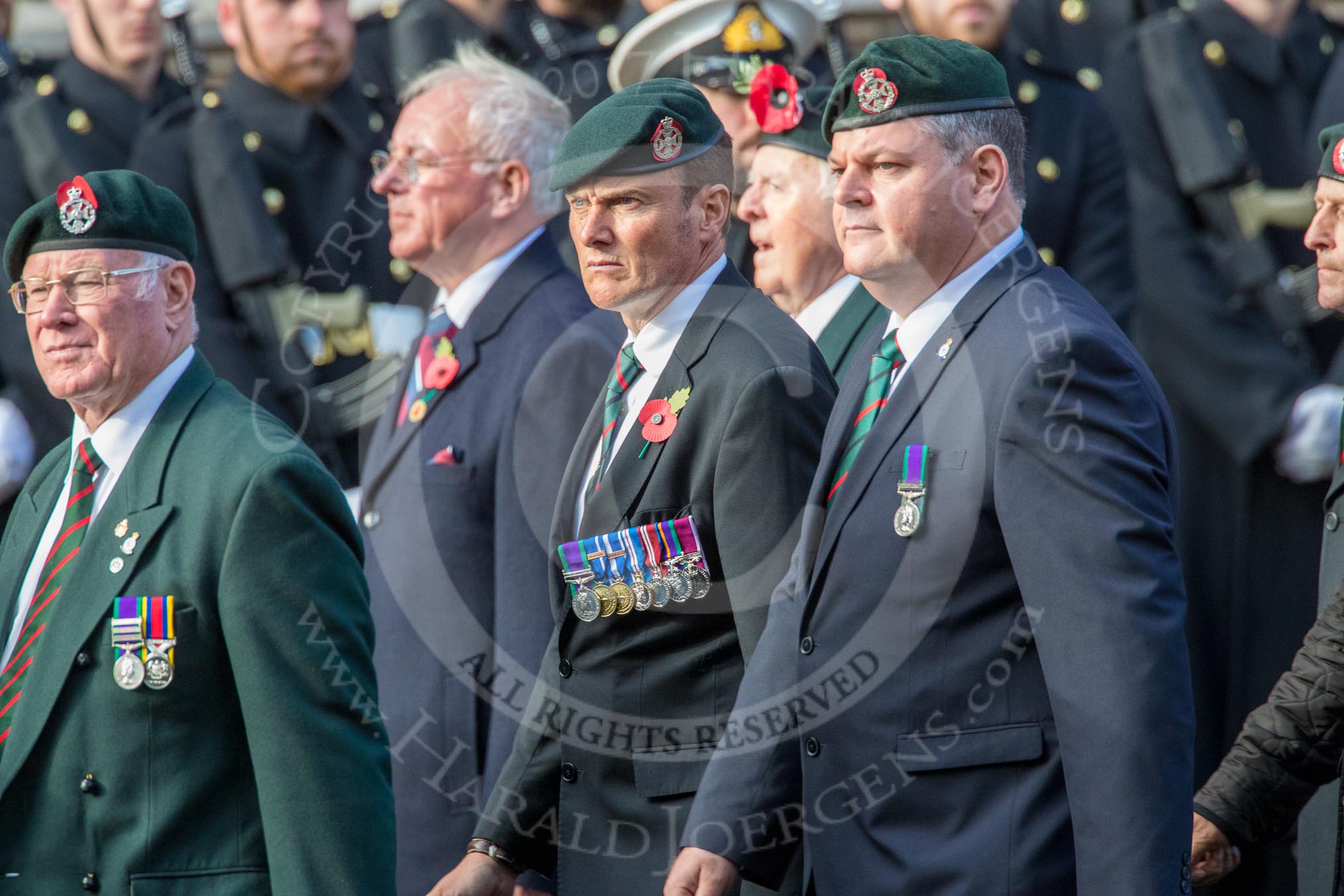 Royal Green Jackets (Group A2, 153 members) during the Royal British Legion March Past on Remembrance Sunday at the Cenotaph, Whitehall, Westminster, London, 11 November 2018, 11:55.