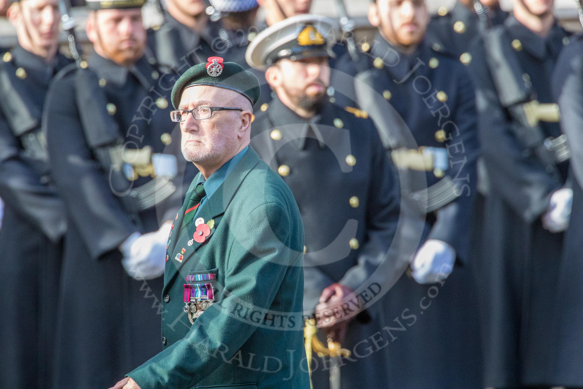 Royal Green Jackets (Group A2, 153 members) during the Royal British Legion March Past on Remembrance Sunday at the Cenotaph, Whitehall, Westminster, London, 11 November 2018, 11:55.