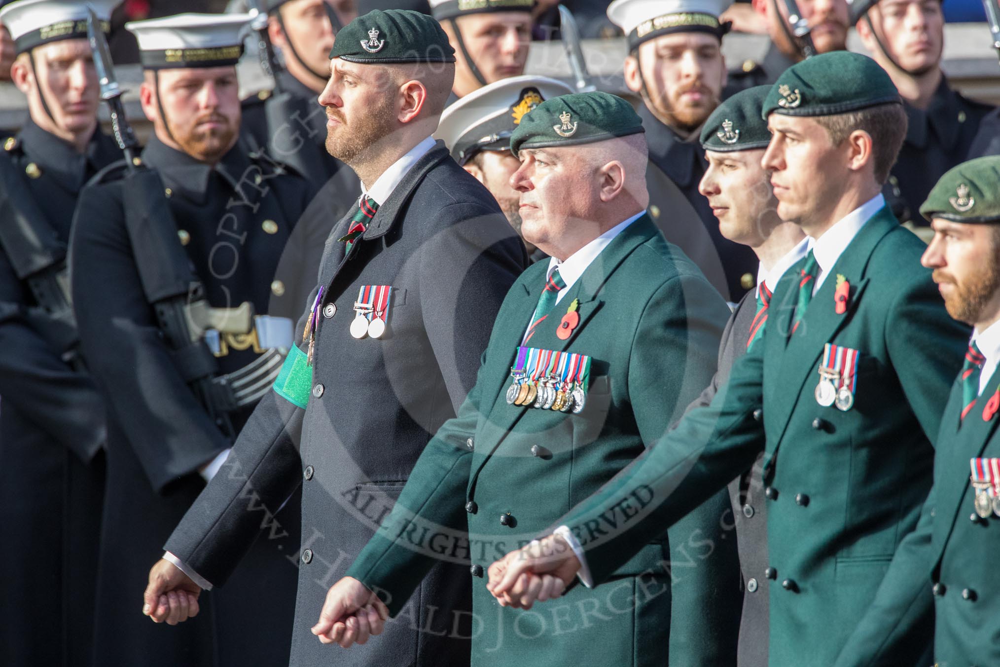 The Rifles Regimental Association (Group A3, 21 members) during the Royal British Legion March Past on Remembrance Sunday at the Cenotaph, Whitehall, Westminster, London, 11 November 2018, 11:56.