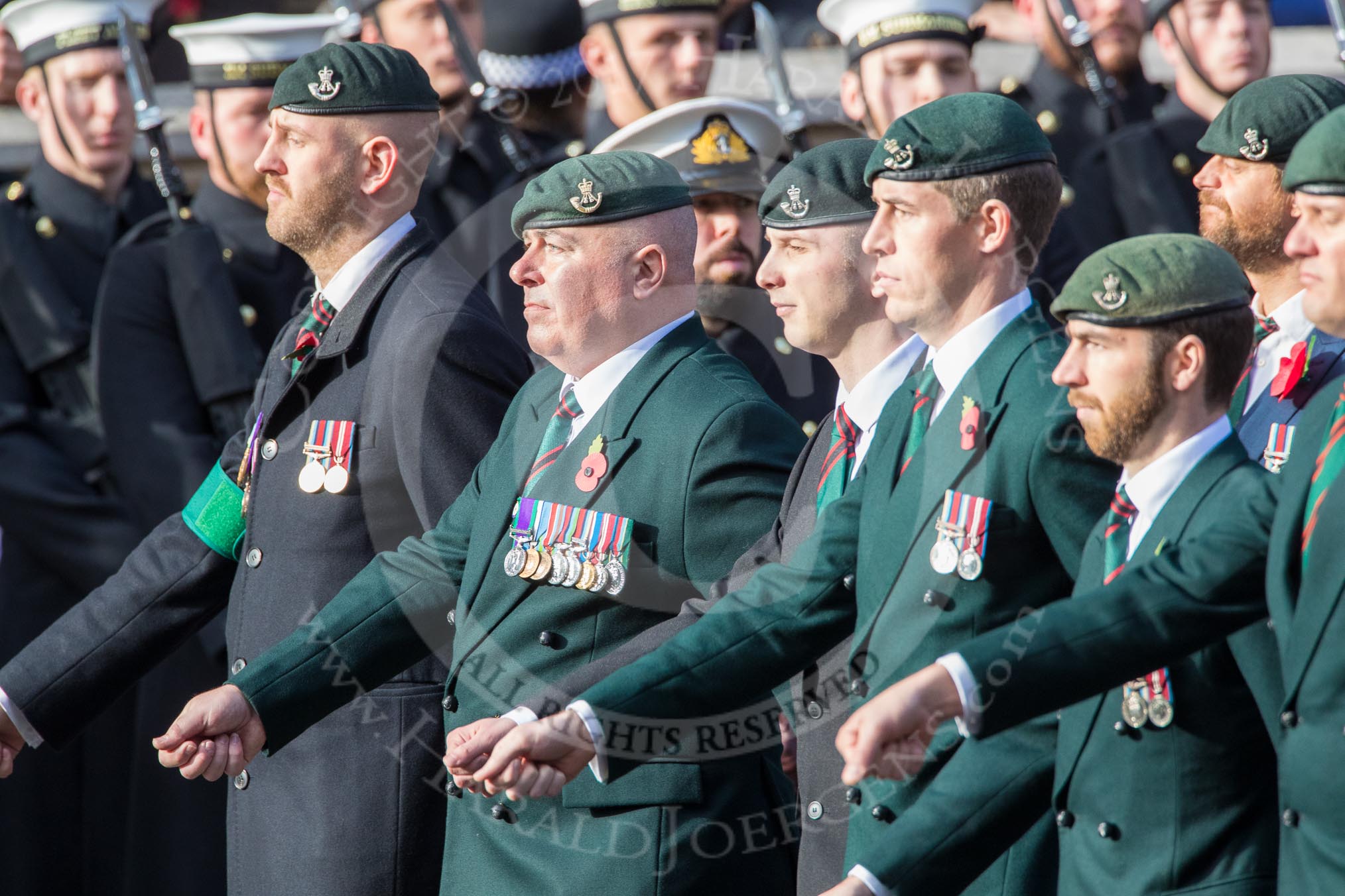 The Rifles Regimental Association (Group A3, 21 members) during the Royal British Legion March Past on Remembrance Sunday at the Cenotaph, Whitehall, Westminster, London, 11 November 2018, 11:56.