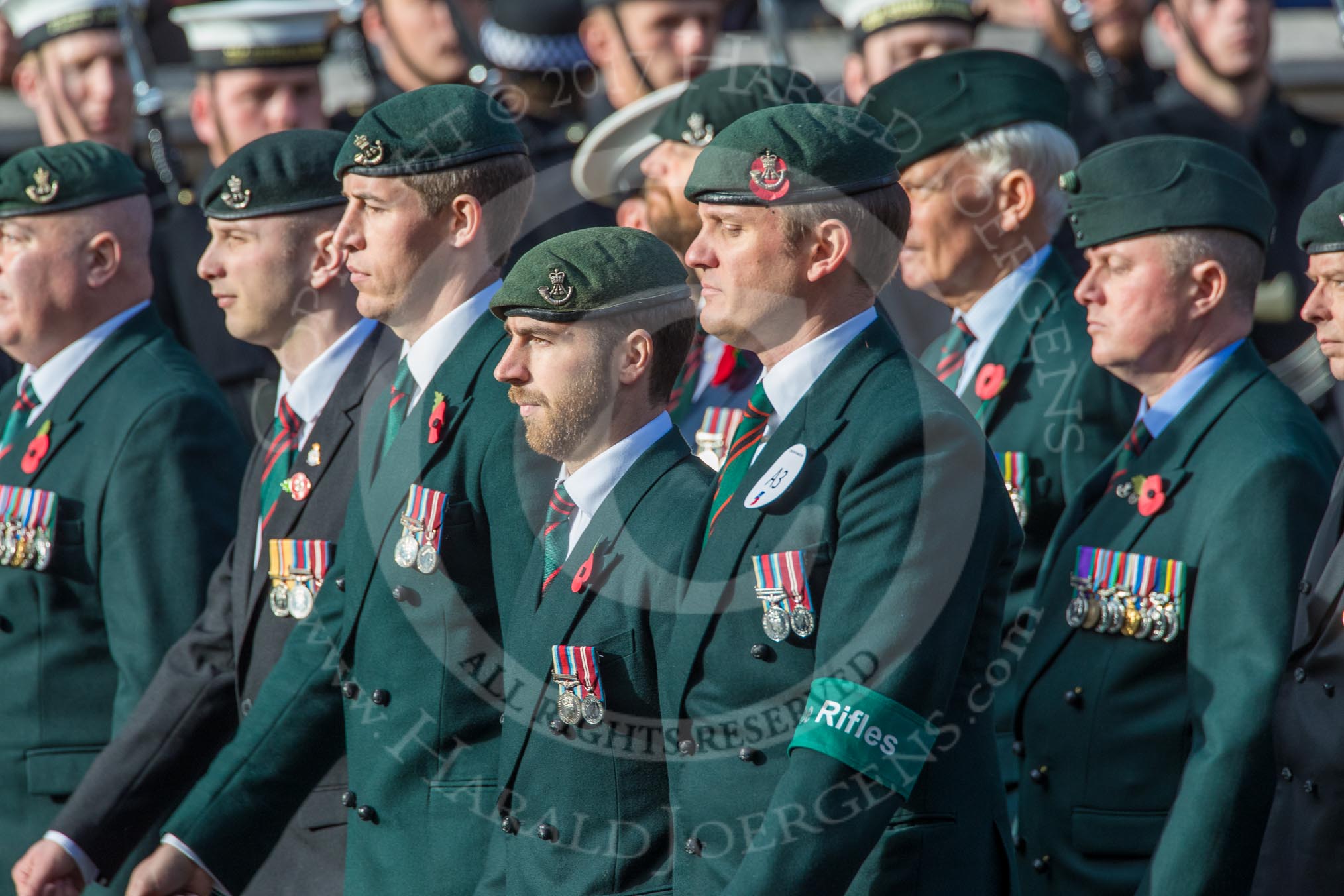 The Rifles Regimental Association (Group A3, 21 members) during the Royal British Legion March Past on Remembrance Sunday at the Cenotaph, Whitehall, Westminster, London, 11 November 2018, 11:56.