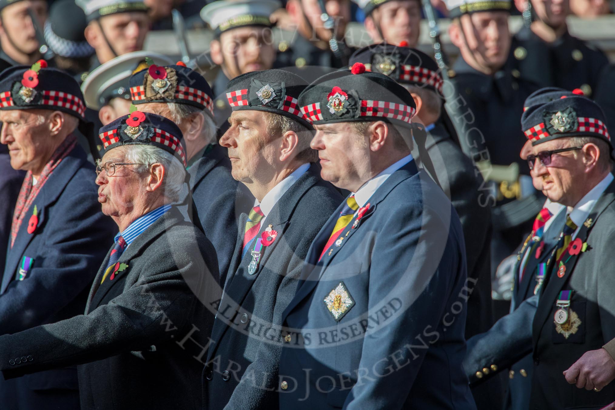 The Royal Scots Regimental Association (Group A8, 25 members) during the Royal British Legion March Past on Remembrance Sunday at the Cenotaph, Whitehall, Westminster, London, 11 November 2018, 11:56.