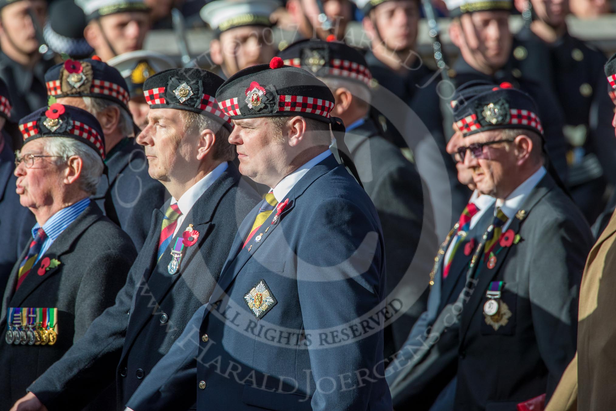 The Royal Scots Regimental Association (Group A8, 25 members) during the Royal British Legion March Past on Remembrance Sunday at the Cenotaph, Whitehall, Westminster, London, 11 November 2018, 11:56.