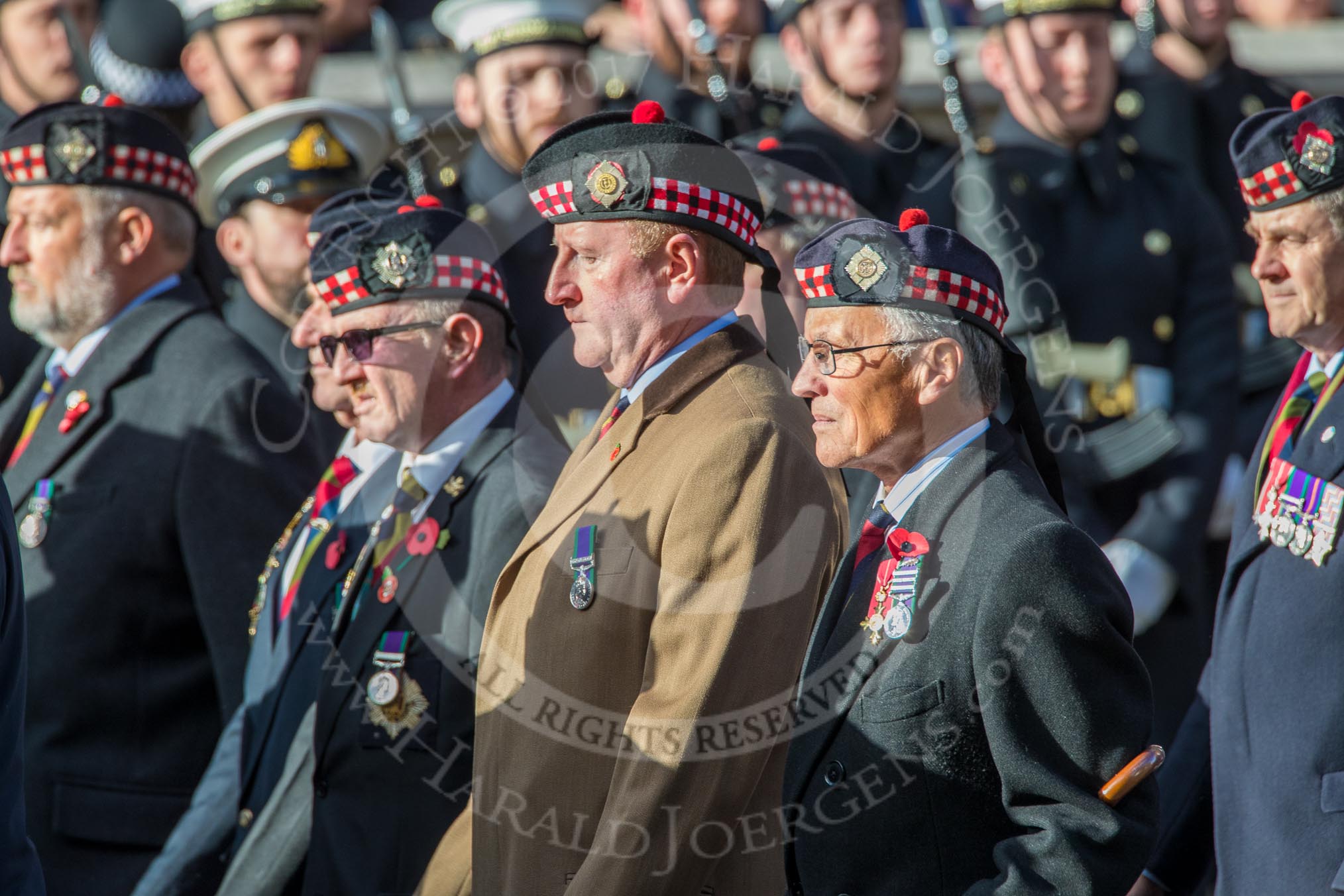 The Royal Scots Regimental Association (Group A8, 25 members) during the Royal British Legion March Past on Remembrance Sunday at the Cenotaph, Whitehall, Westminster, London, 11 November 2018, 11:56.