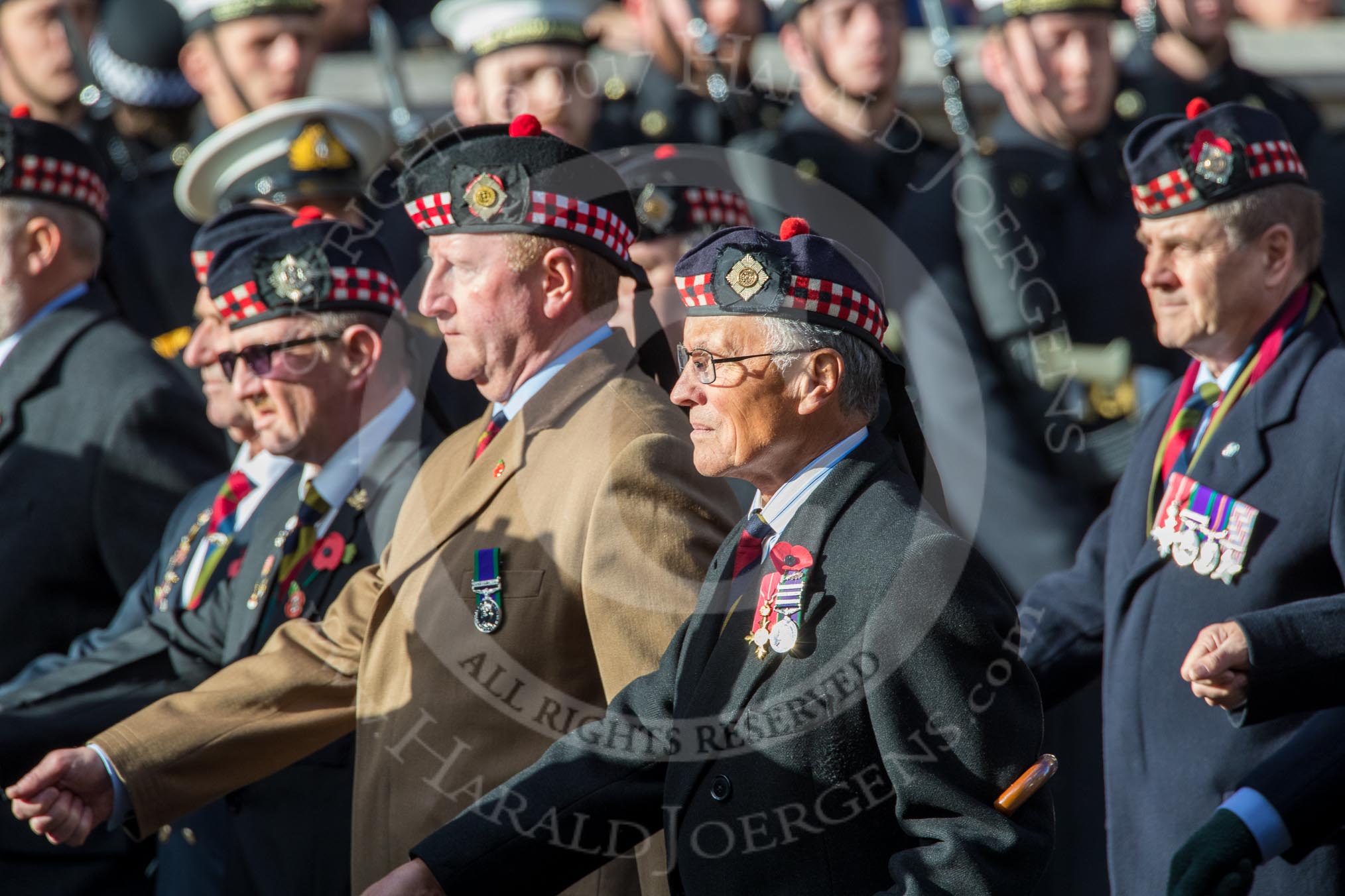 The Royal Scots Regimental Association (Group A8, 25 members) during the Royal British Legion March Past on Remembrance Sunday at the Cenotaph, Whitehall, Westminster, London, 11 November 2018, 11:56.