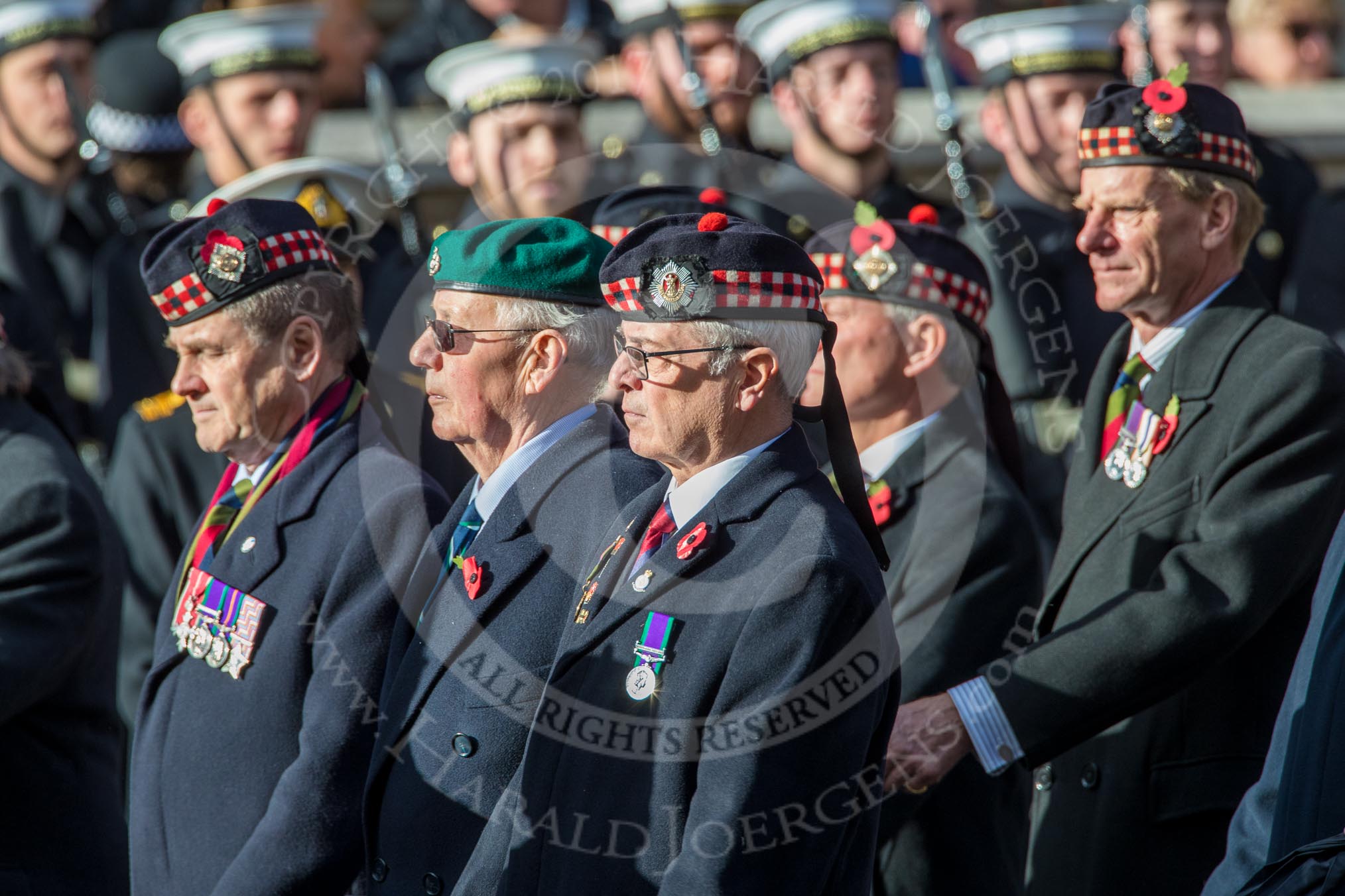 The Royal Scots Regimental Association (Group A8, 25 members) during the Royal British Legion March Past on Remembrance Sunday at the Cenotaph, Whitehall, Westminster, London, 11 November 2018, 11:56.