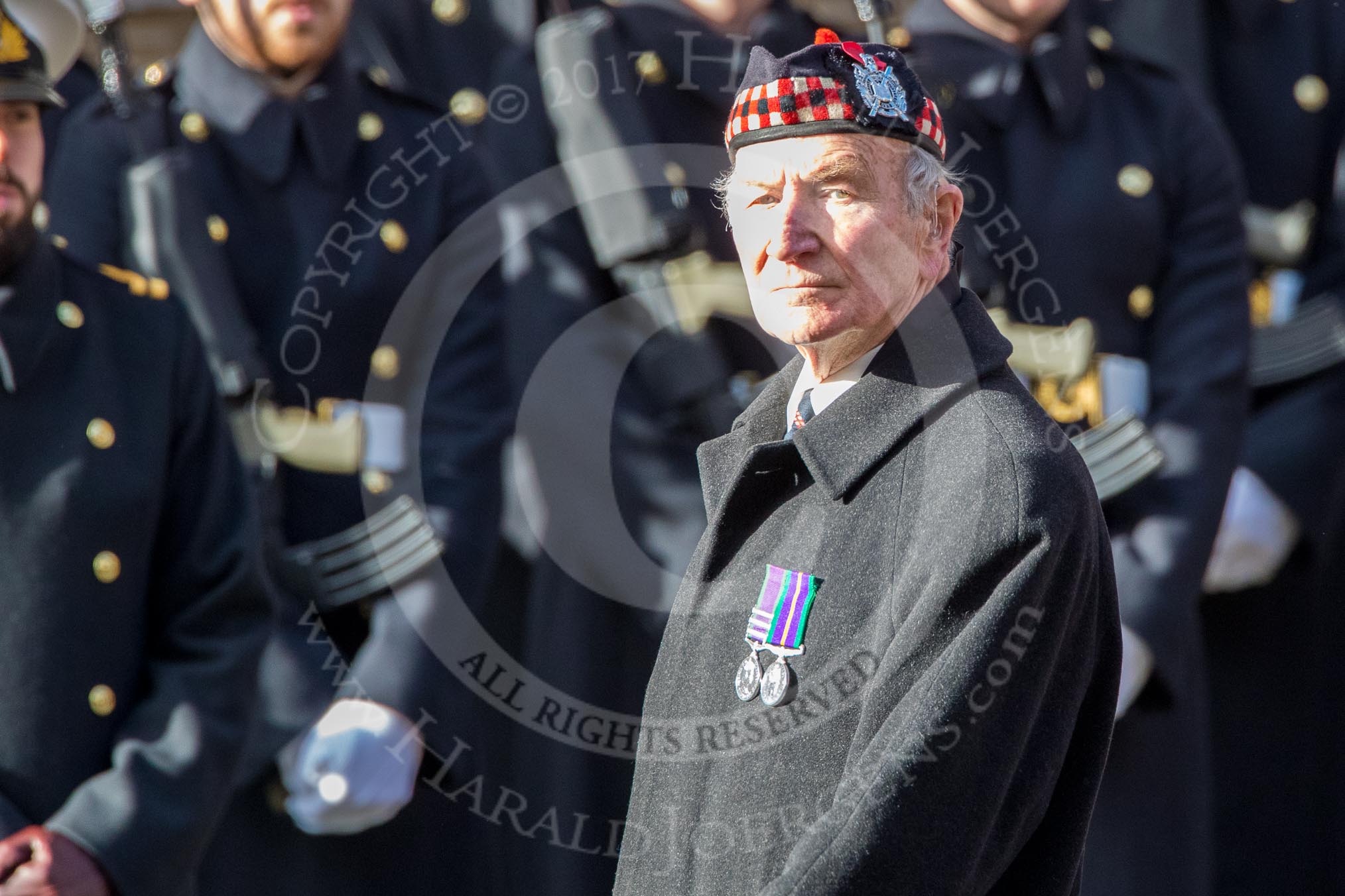 The Royal Scots Regimental Association (Group A8, 25 members) during the Royal British Legion March Past on Remembrance Sunday at the Cenotaph, Whitehall, Westminster, London, 11 November 2018, 11:56.